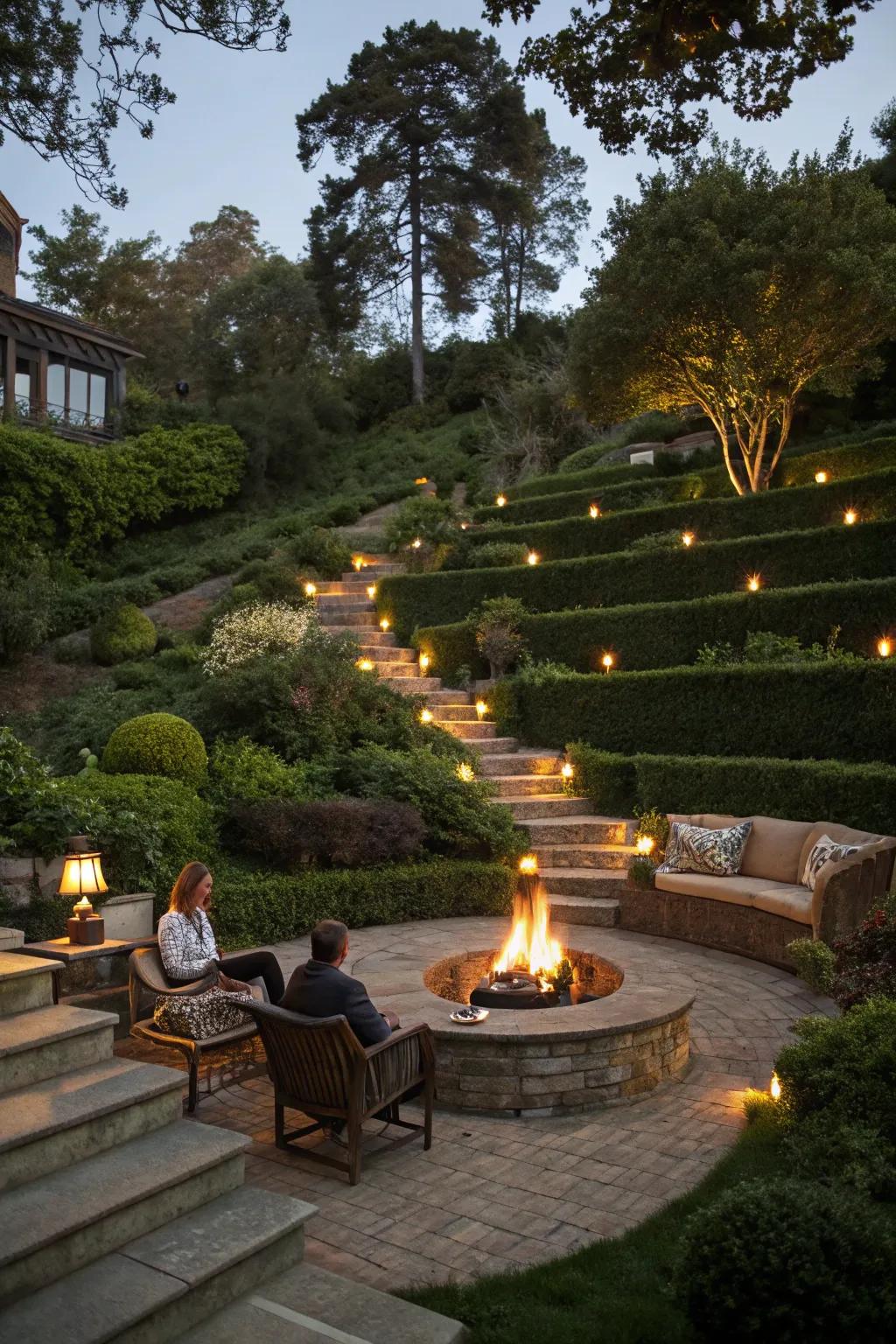 A central bonfire space in a terraced garden, creating a warm and welcoming atmosphere.