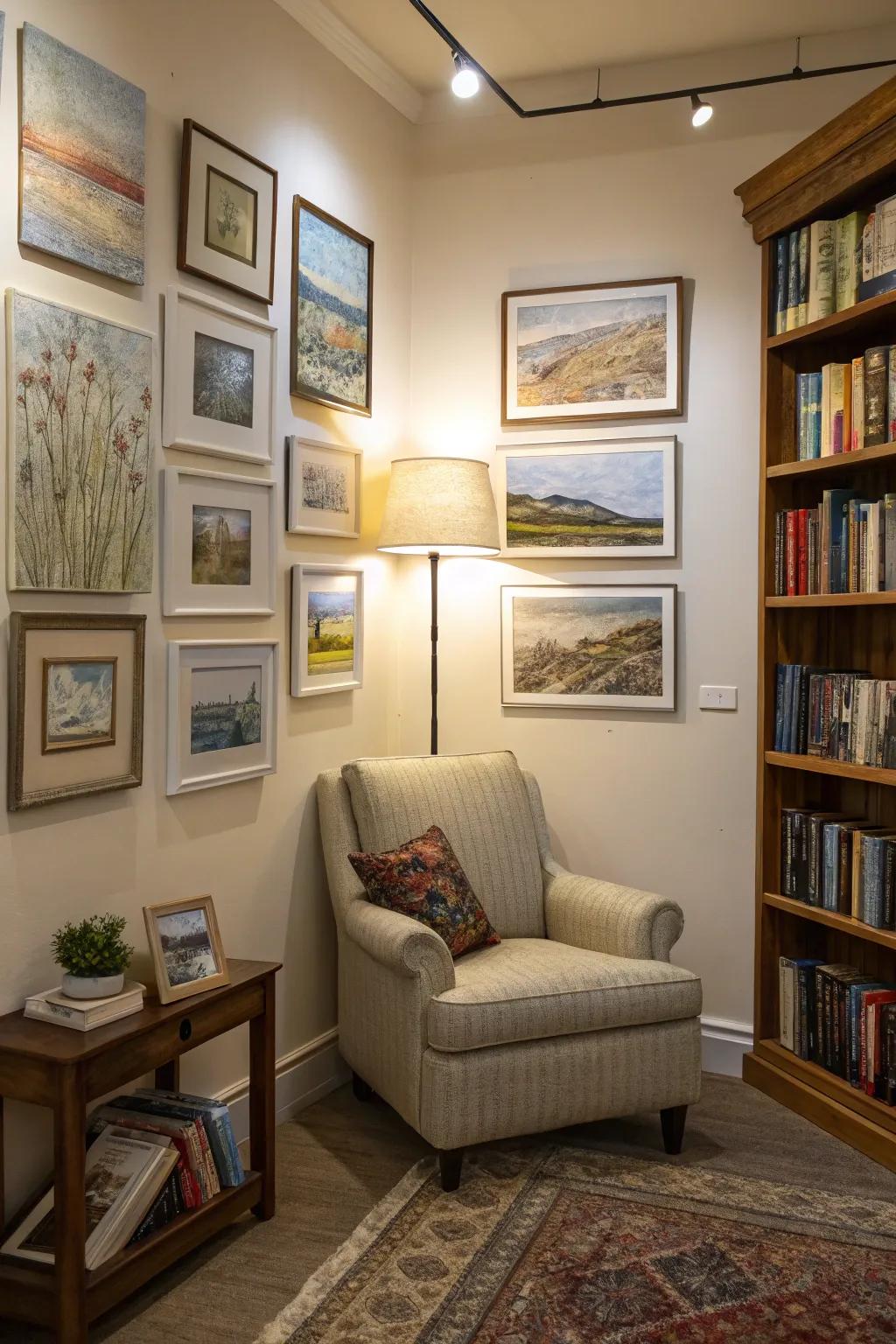This welcoming reading nook is made more charming and distinctive by miniature sculpted paintings.