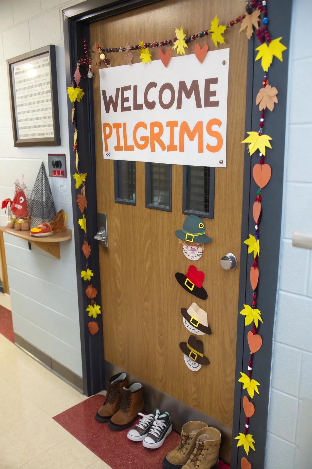 A Pilgrim-themed door that greets students with a nod to historical Thanksgiving.