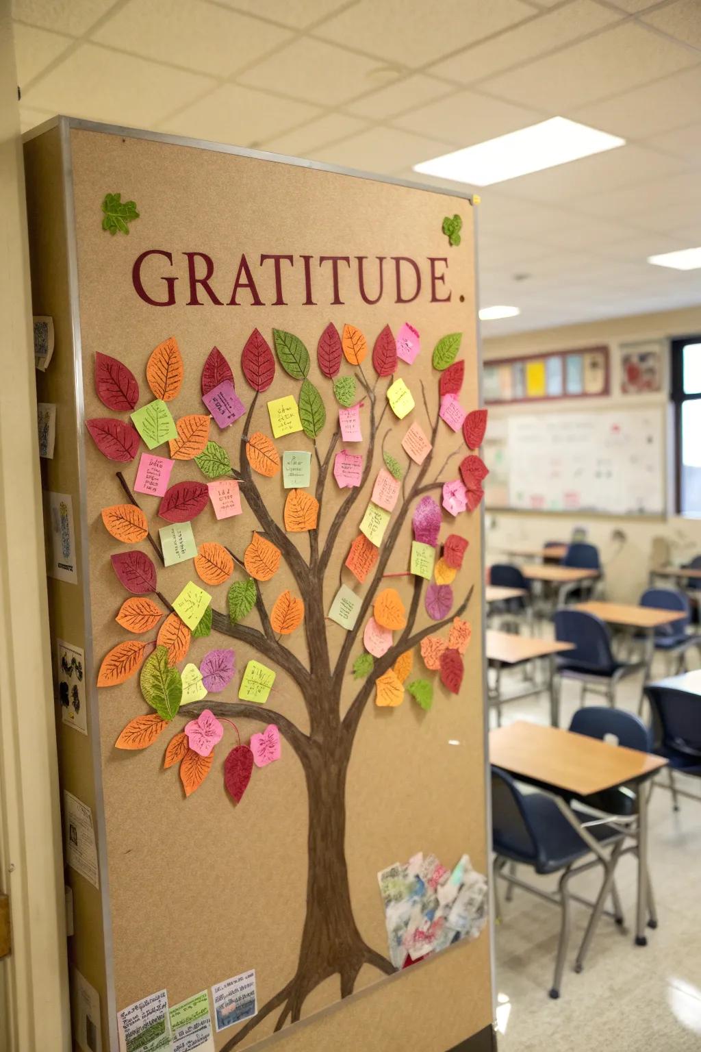 A gratitude-themed tree embellished with earnest sentiments from pupils.
