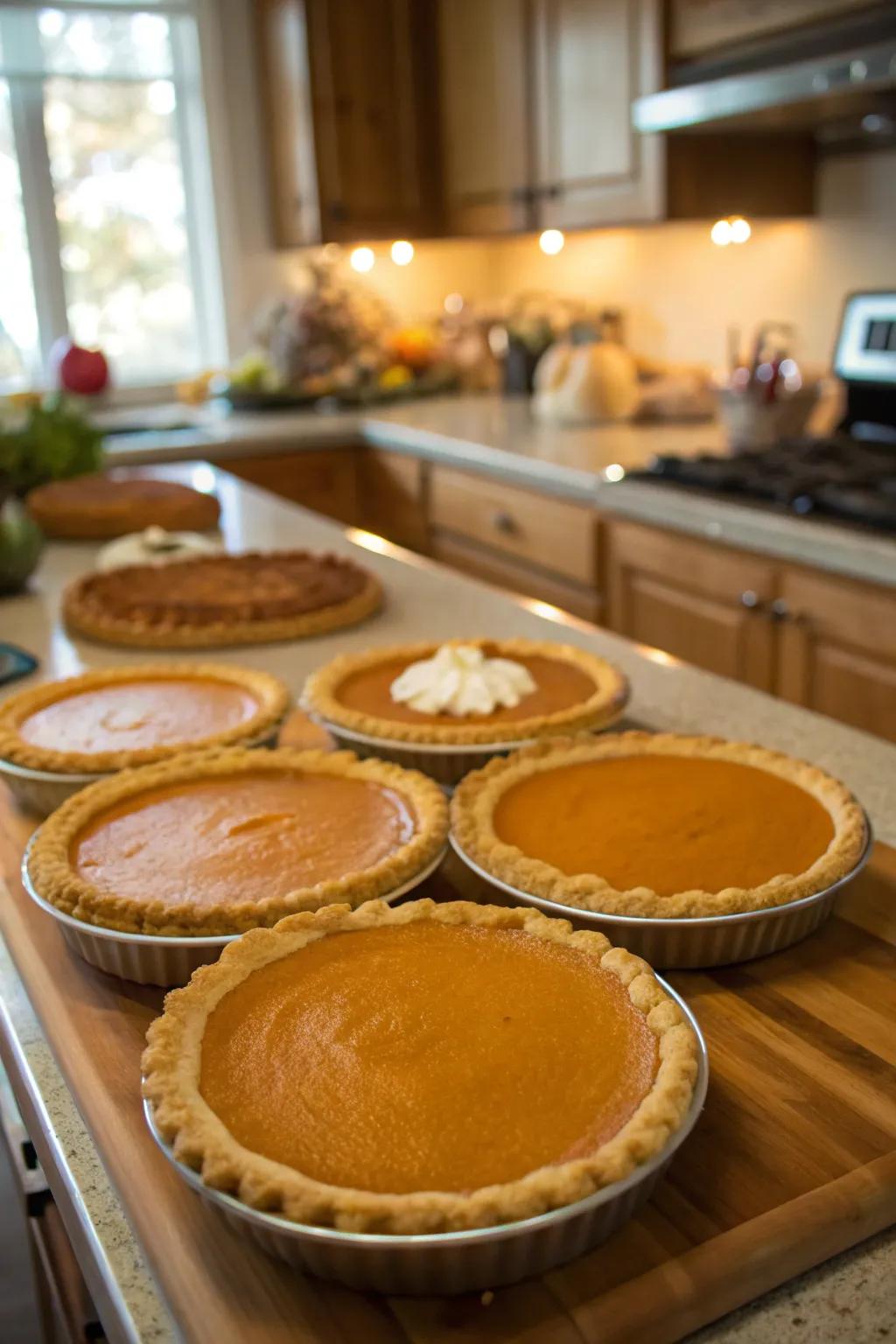 A delectable selection of pumpkin pies ready for assessment.