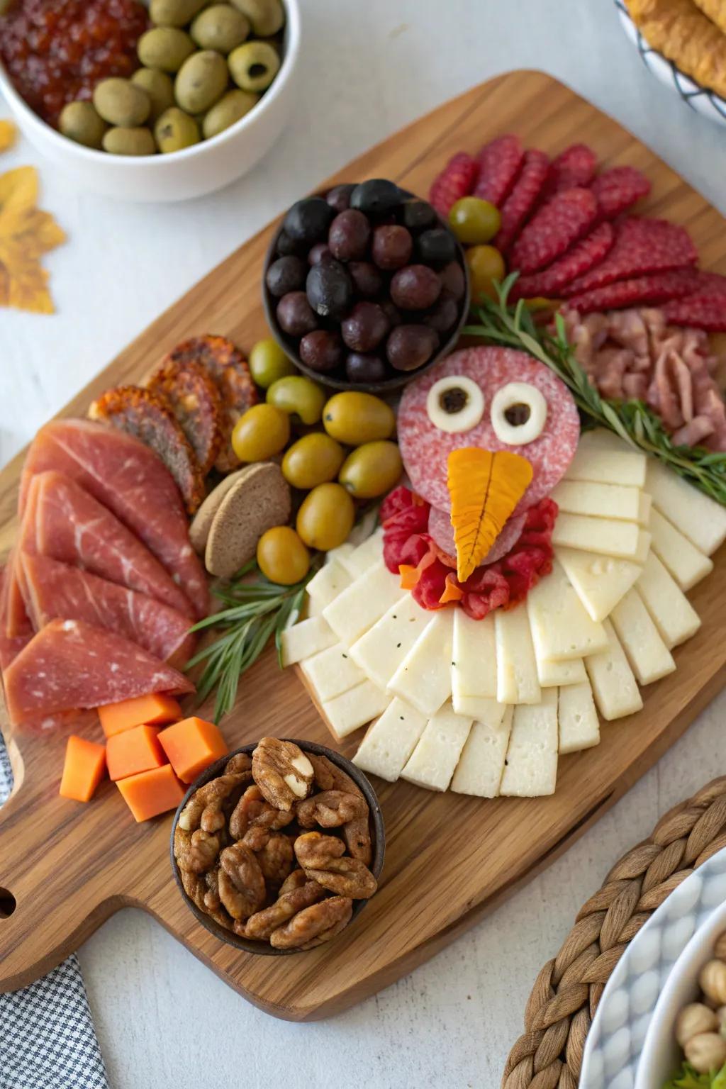 A rustic turkey-shaped cured meat display, crafted for those who appreciate fine flavors.