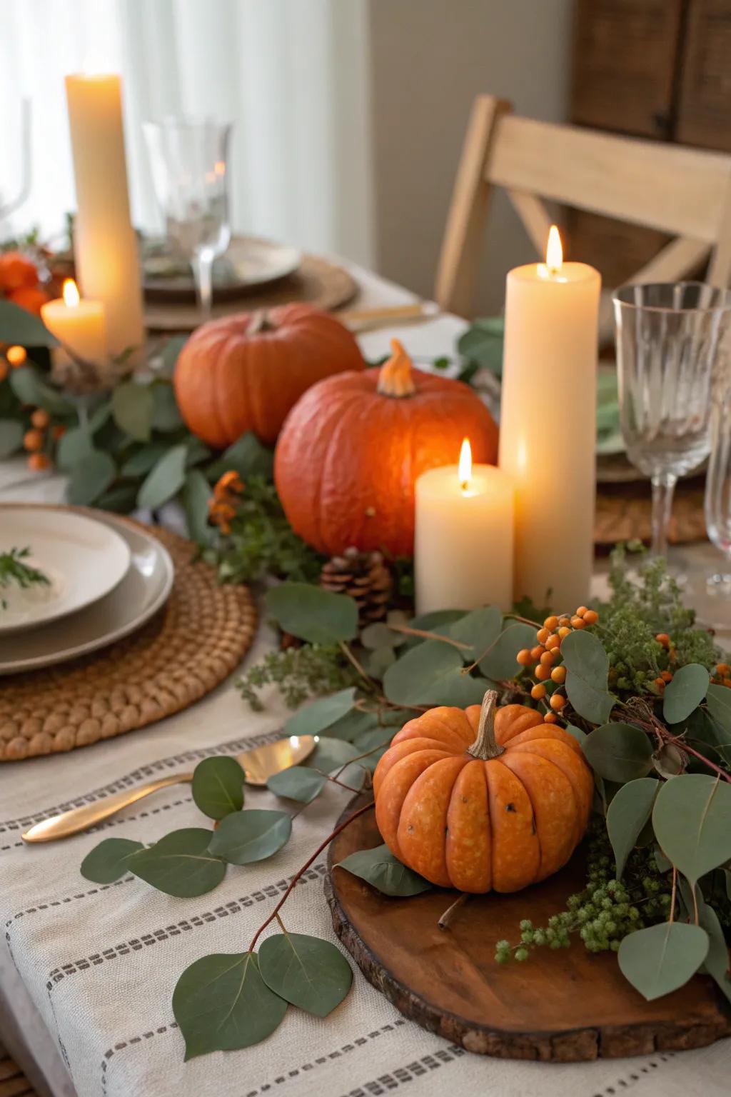 An inviting and refined pumpkin tablescape designed for Thanksgiving.