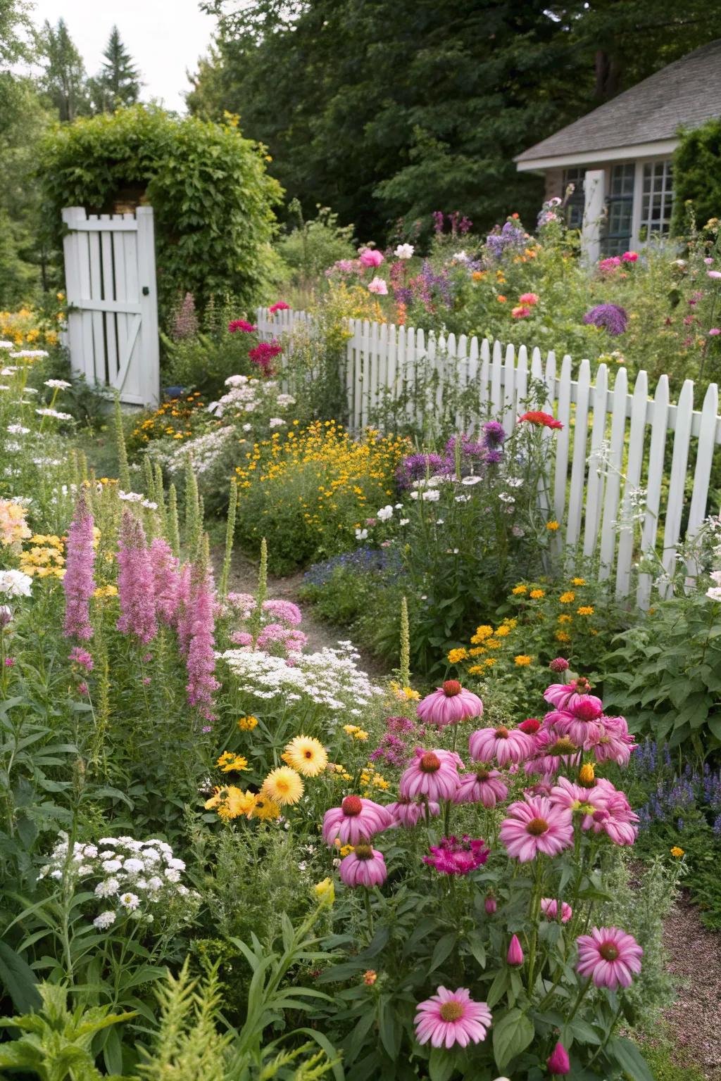 A charming cottage garden overflowing with lively flowers.