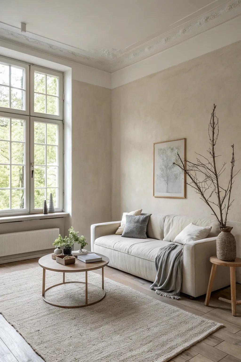 A minimalist living room exhibiting a neat, serene design.