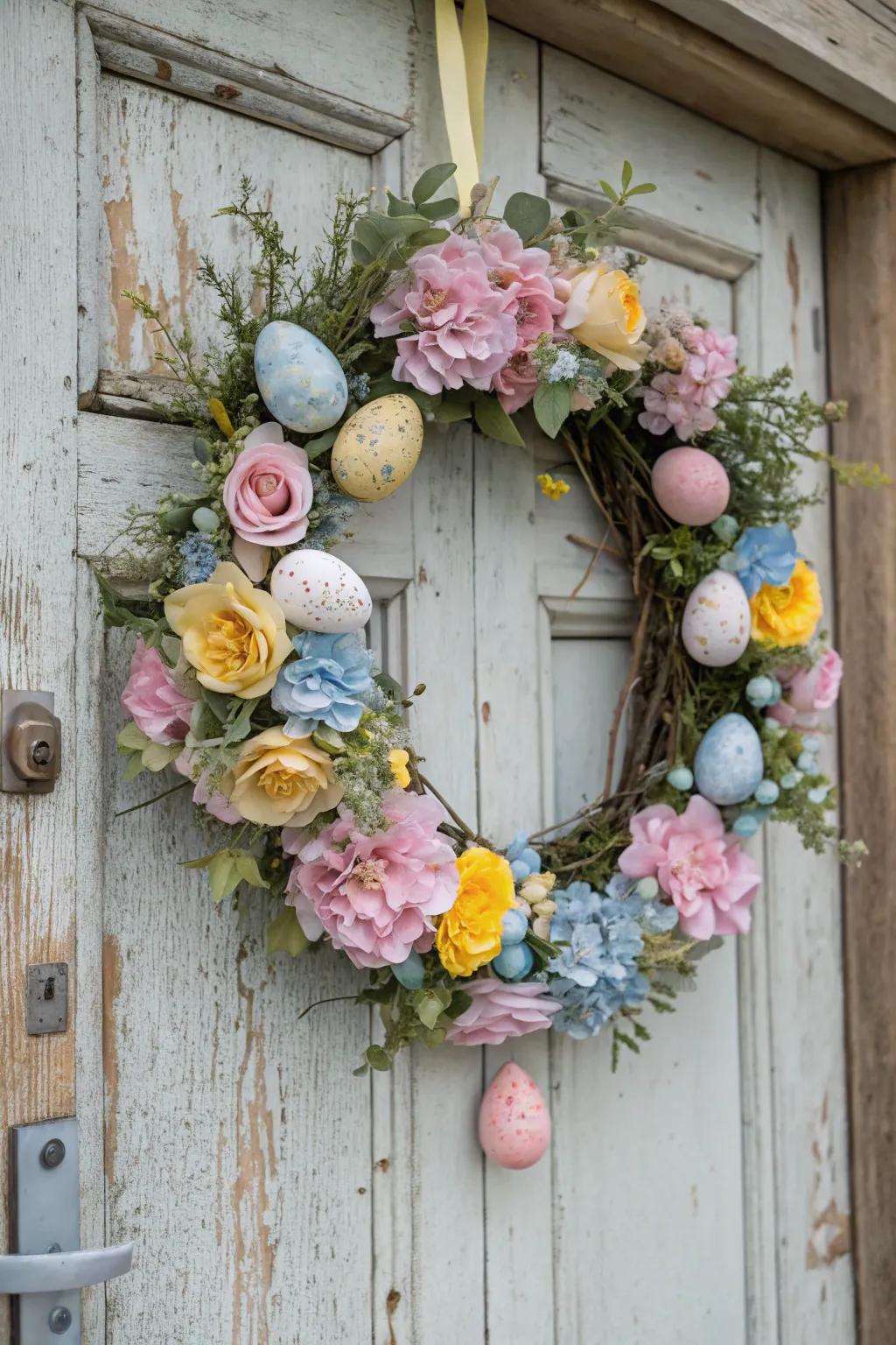 An eccentric Easter garland to welcome visitors.