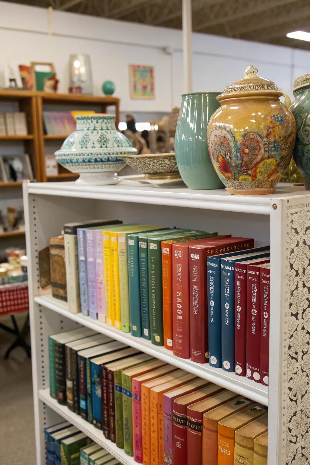 A bright shelf unit with color-coordinated books.