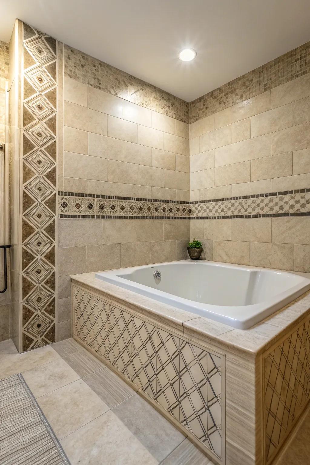Textured tiles elevate the tactile and visual charm of your bathtub area.