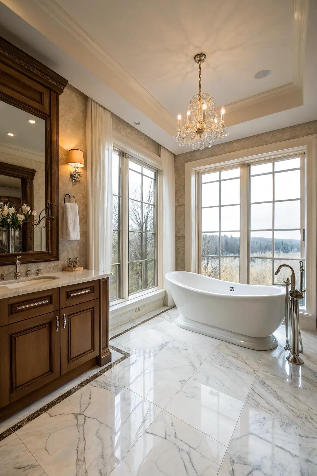 A bathroom is transformed into a chic, spa-like haven by marble tiles.