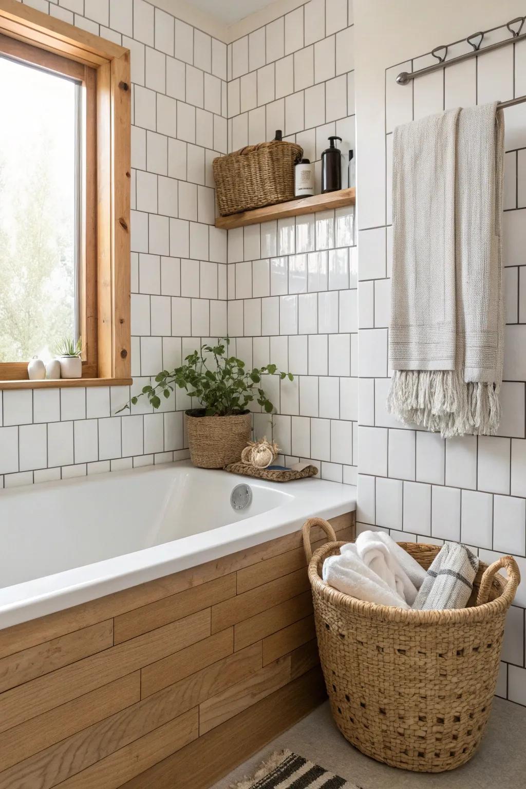 Elevate your bathroom using vertically set brick coverings for an elegant, contemporary interpretation of a timeless design. 🛁✨ #ScandinavianDesign #BohoMinimalism