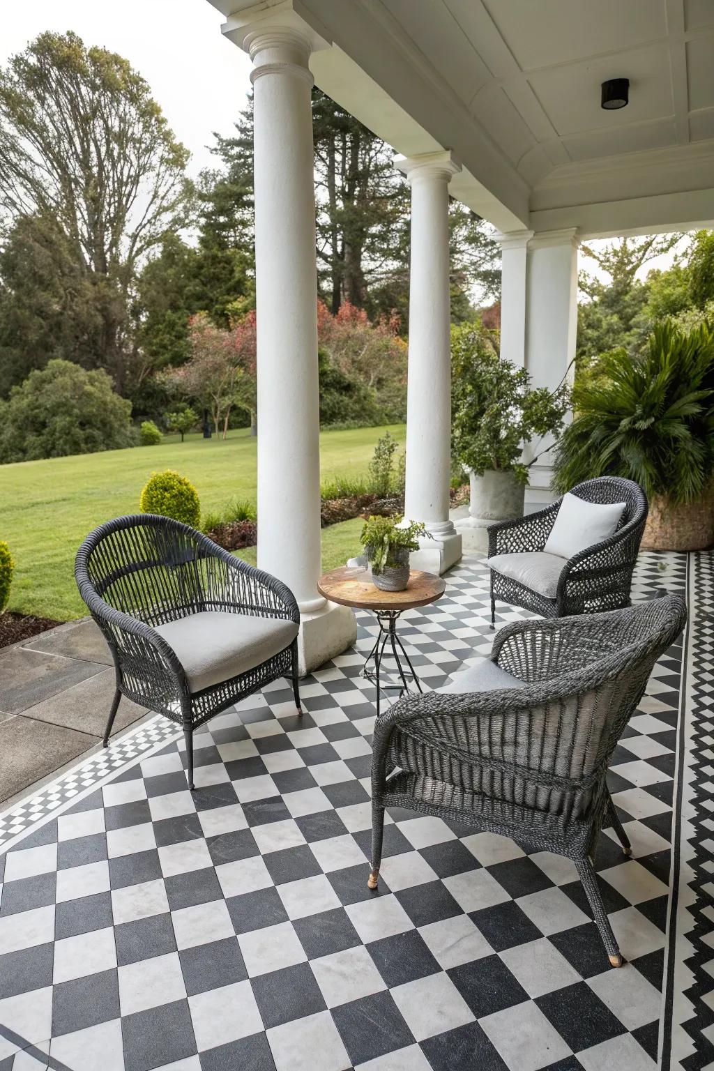 The striking checkerboard pattern adds a bold contrast to this porch.