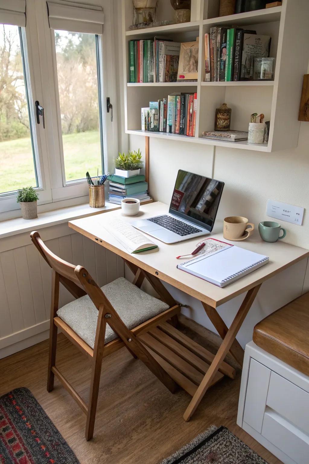 A folding desk adds flexibility in smaller areas.