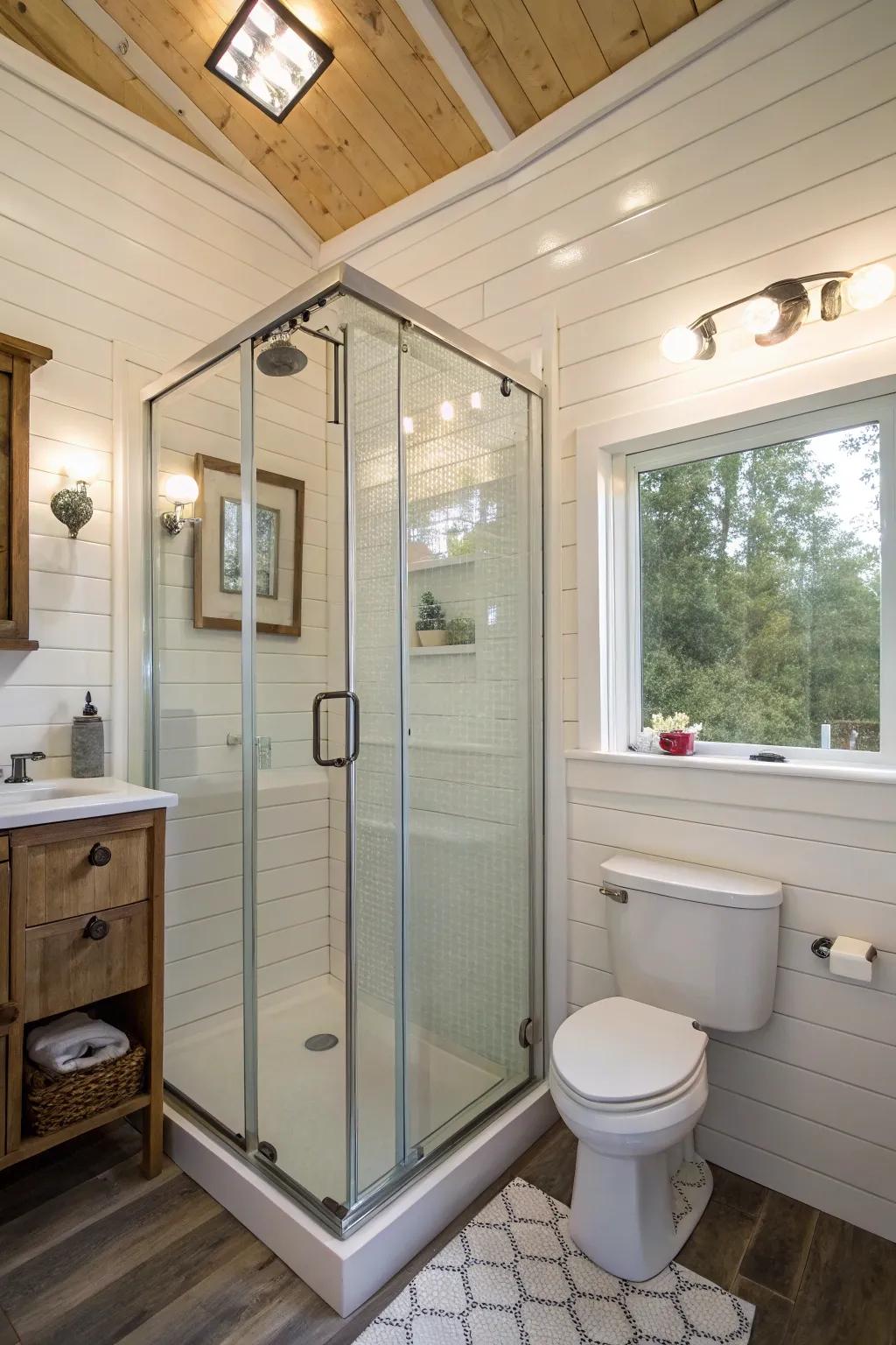 This compact bathroom features a corner shower that cleverly saves space.