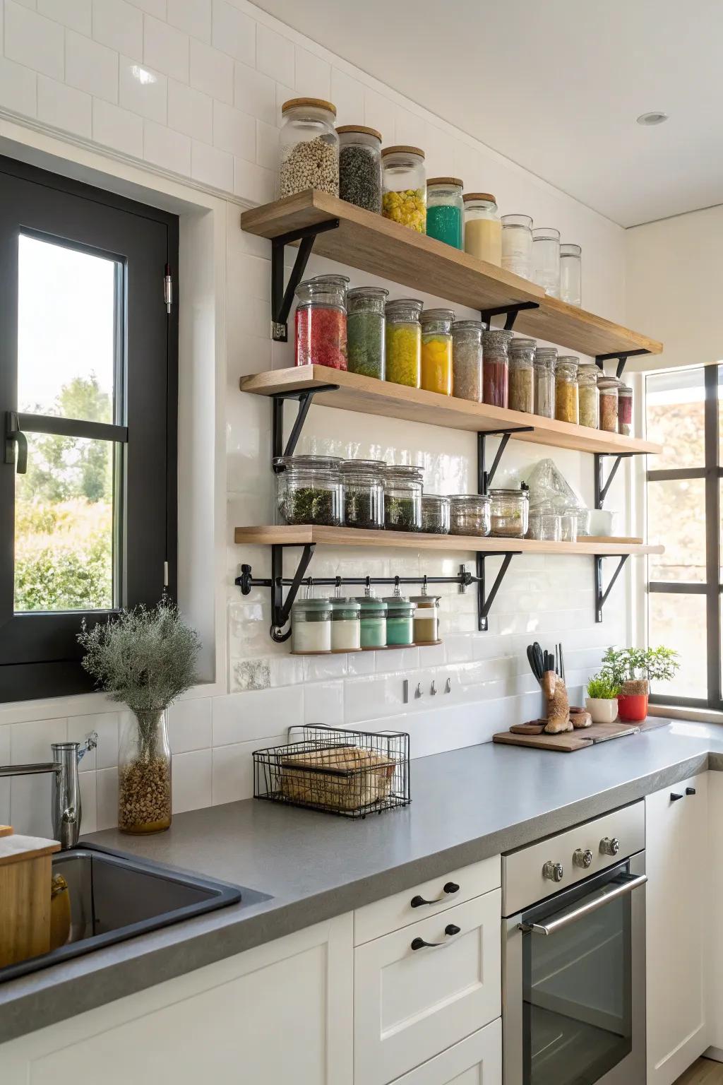 Effective use of vertical areas utilizing wall-mounted shelving in a compact kitchen