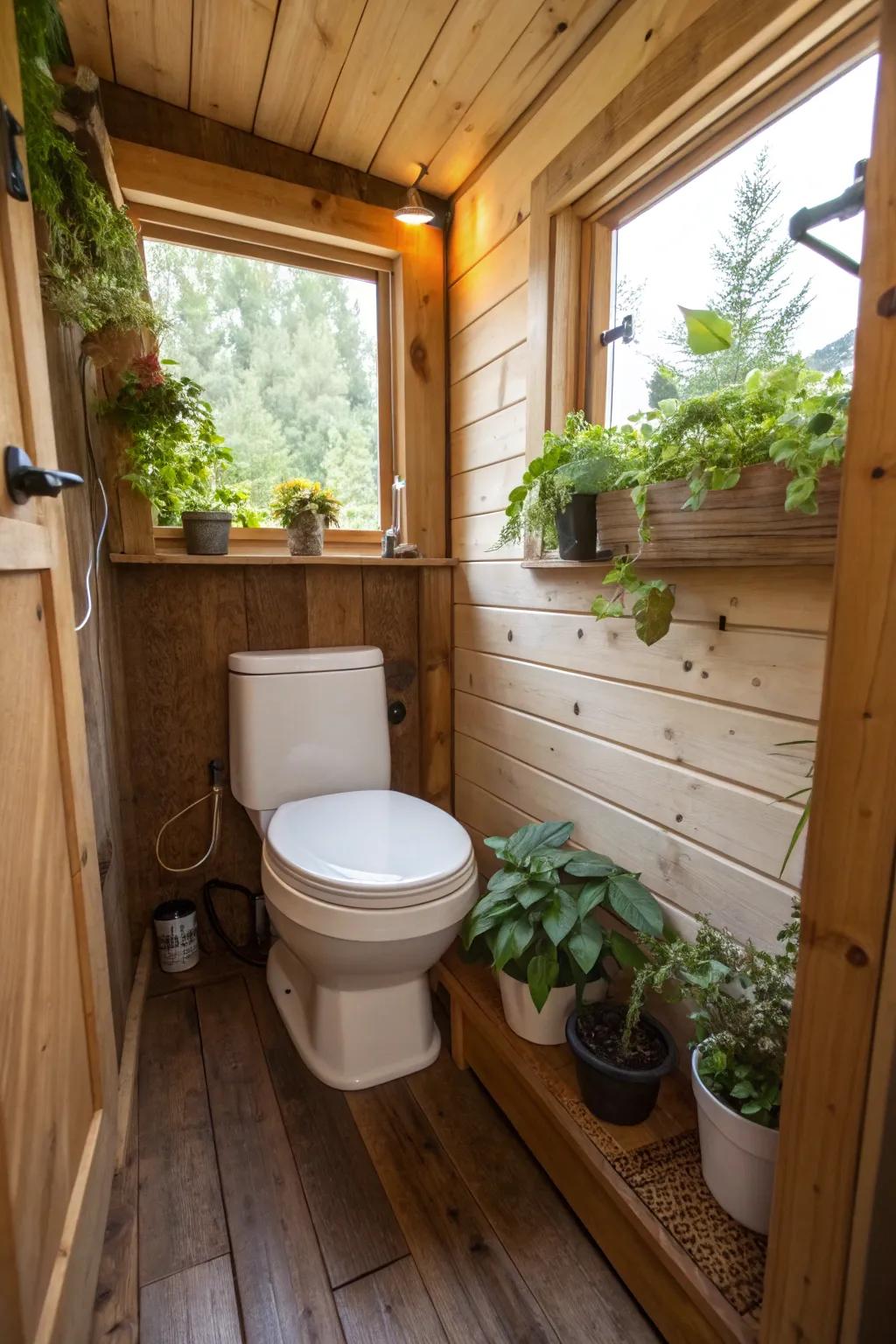 Eco-friendly composting toilet in a nature-inspired small bathroom