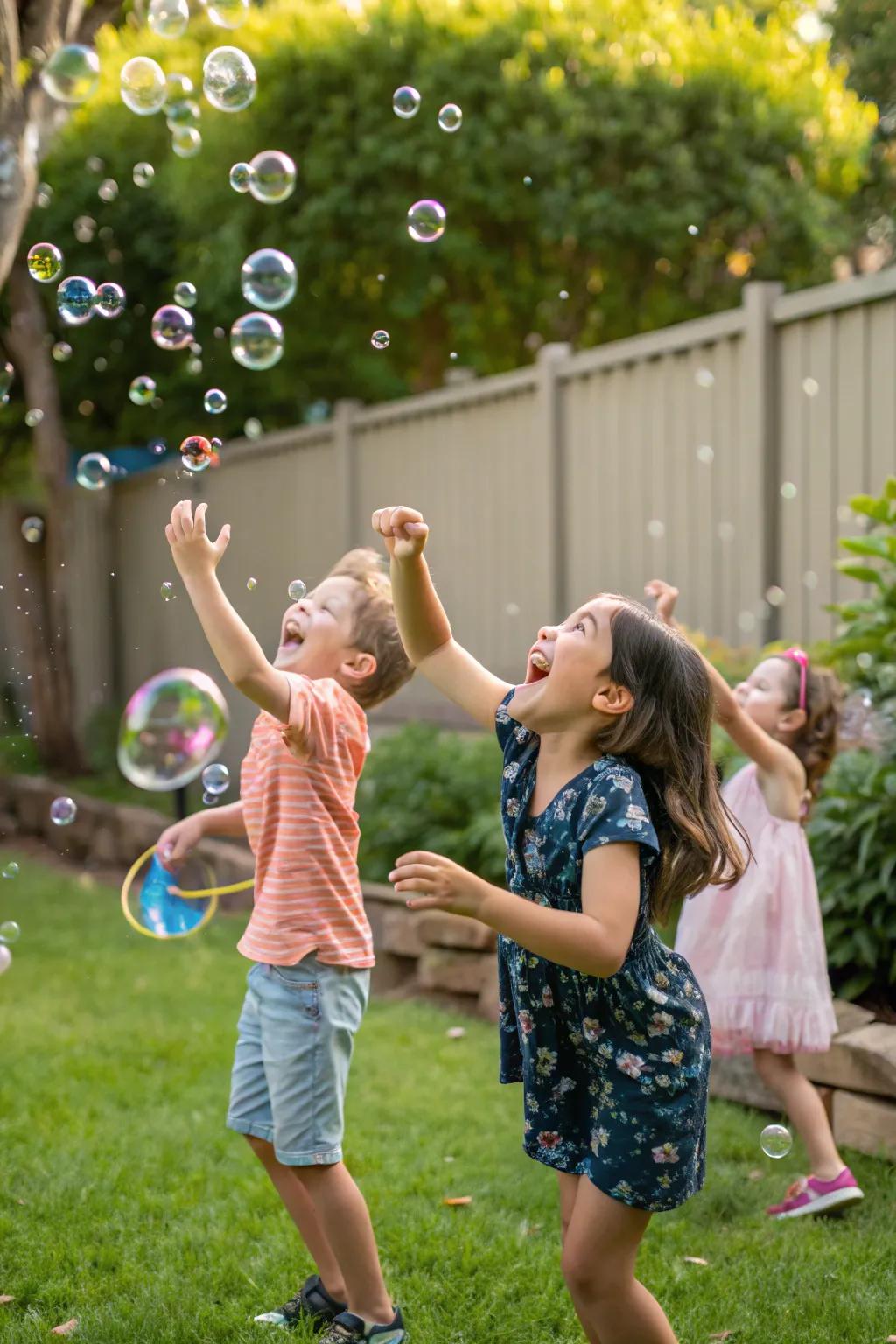 An outdoor bubble celebration sparking joy and laughter among toddlers.