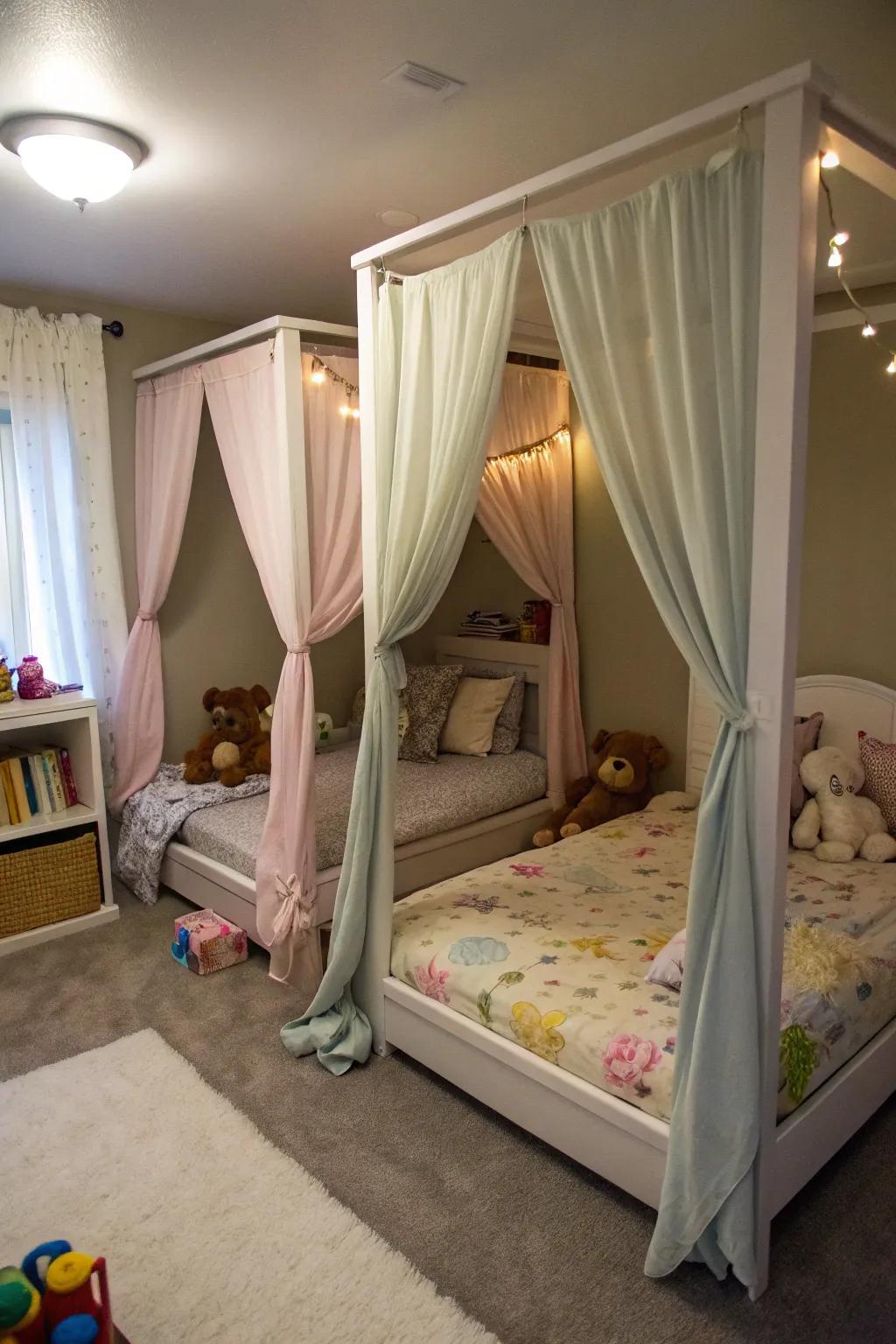 Elegant drape beds provide a whimsical touch for toddlers.