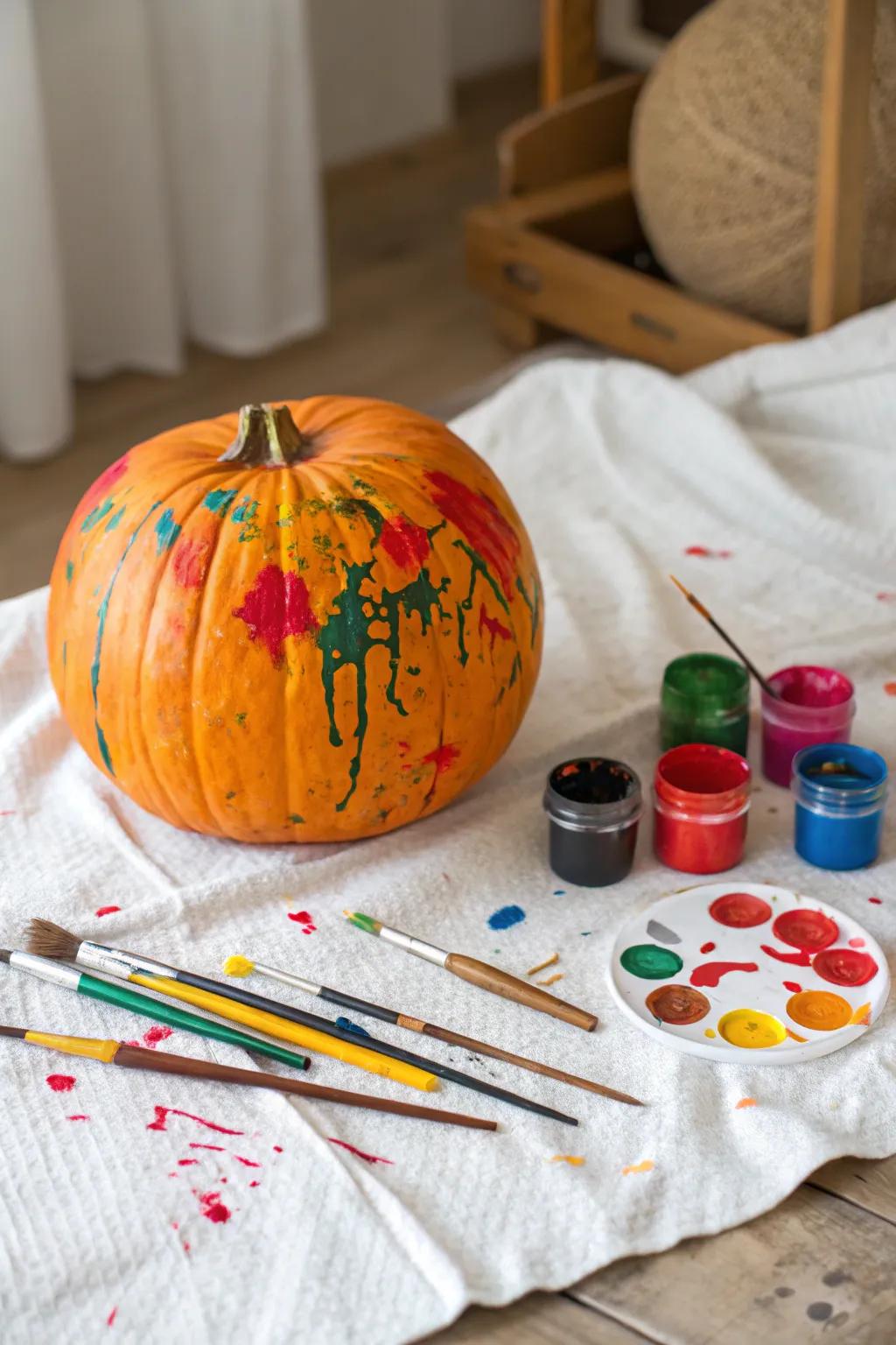 Let your toddler's imagination soar with creatively paint-splattered pumpkins.