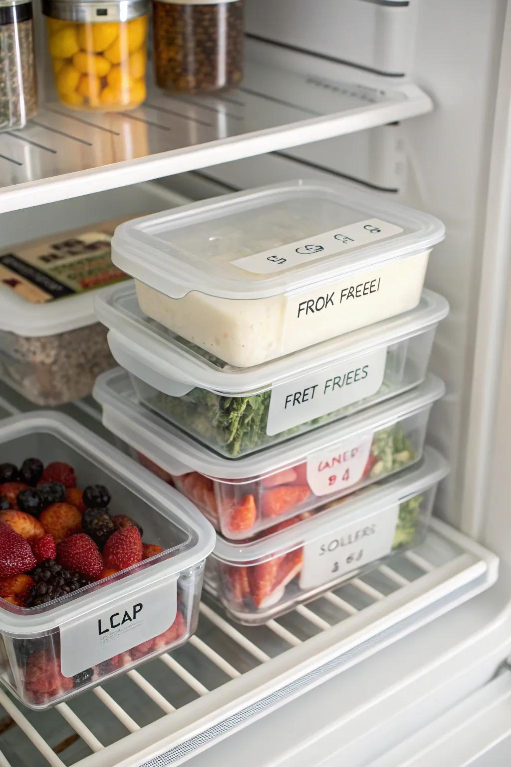 Labeled containers inside a top freezer, with items neatly categorized for easy identification.