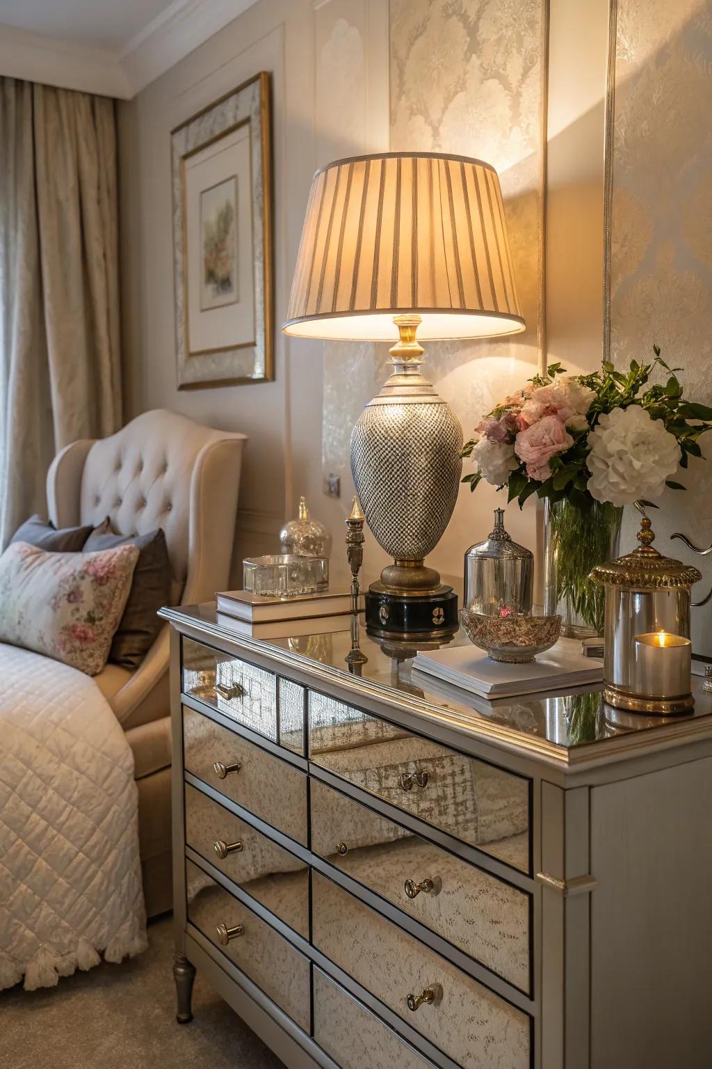 A table lamp enhances a dresser with light and fashion.