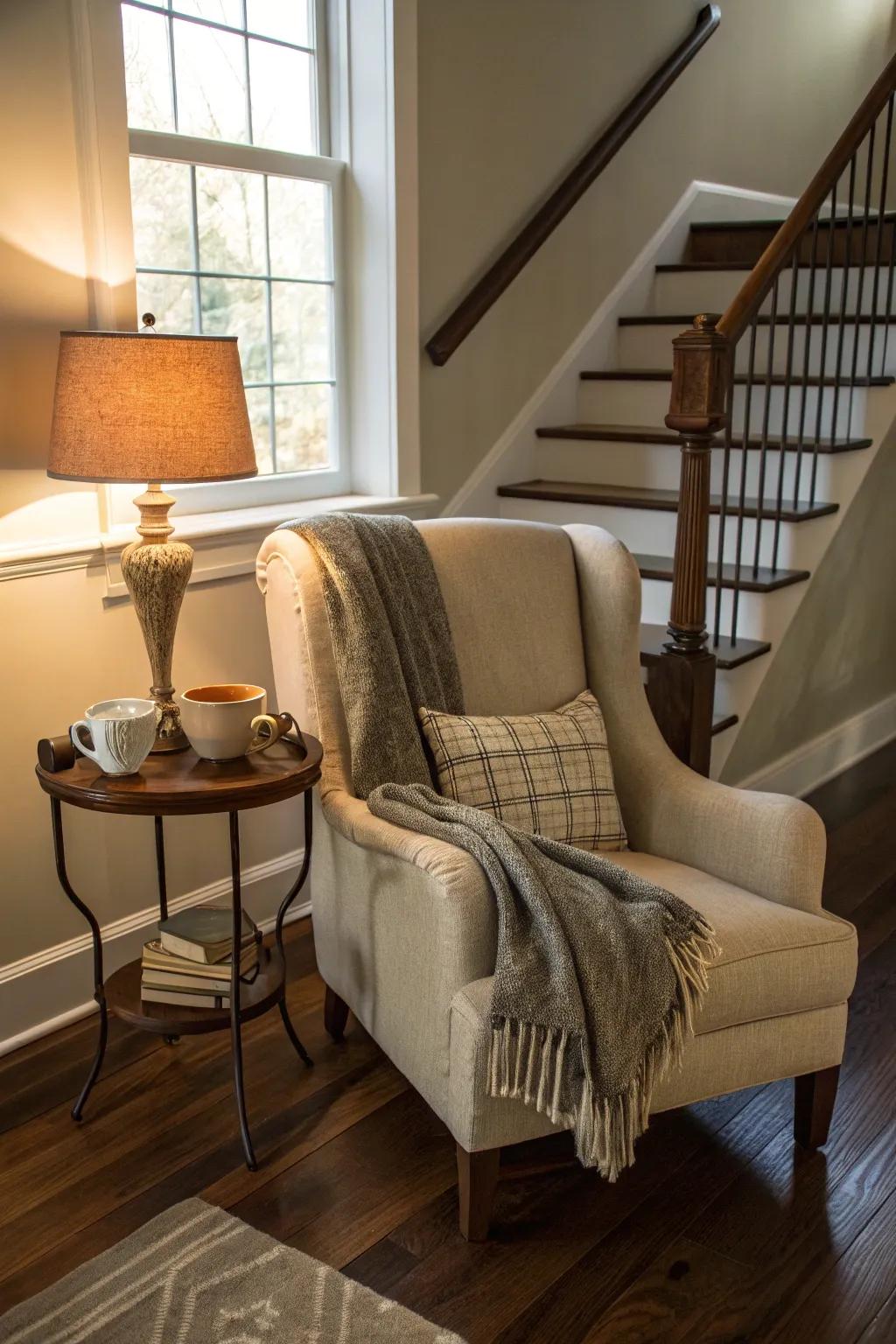 Construct an attractive corner by including a sitting arrangement above your stairs.