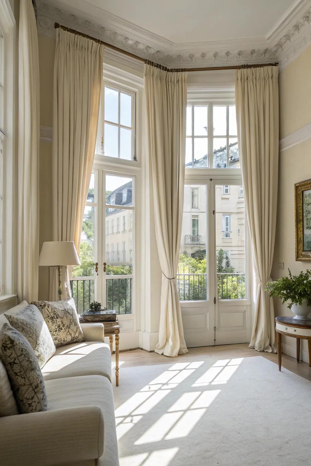 Well-lit room featuring expansive windows and airy drapes
