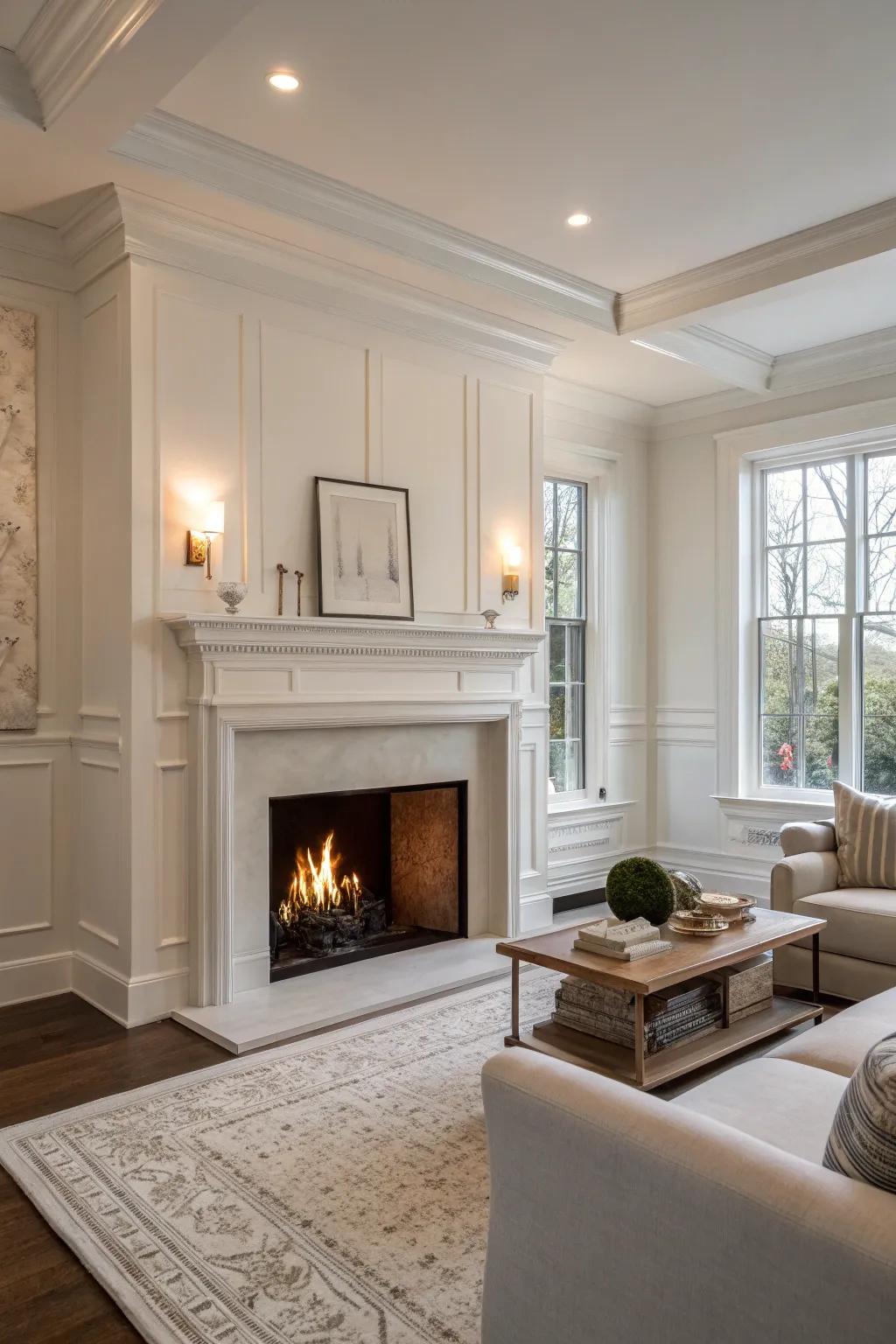 A fireplace painted to coordinate seamlessly with the room's walls.
