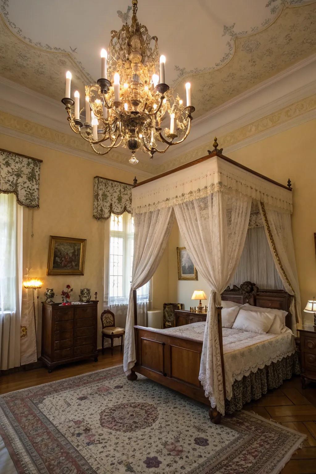 A chandelier adds a hint of grandeur to your bedroom.