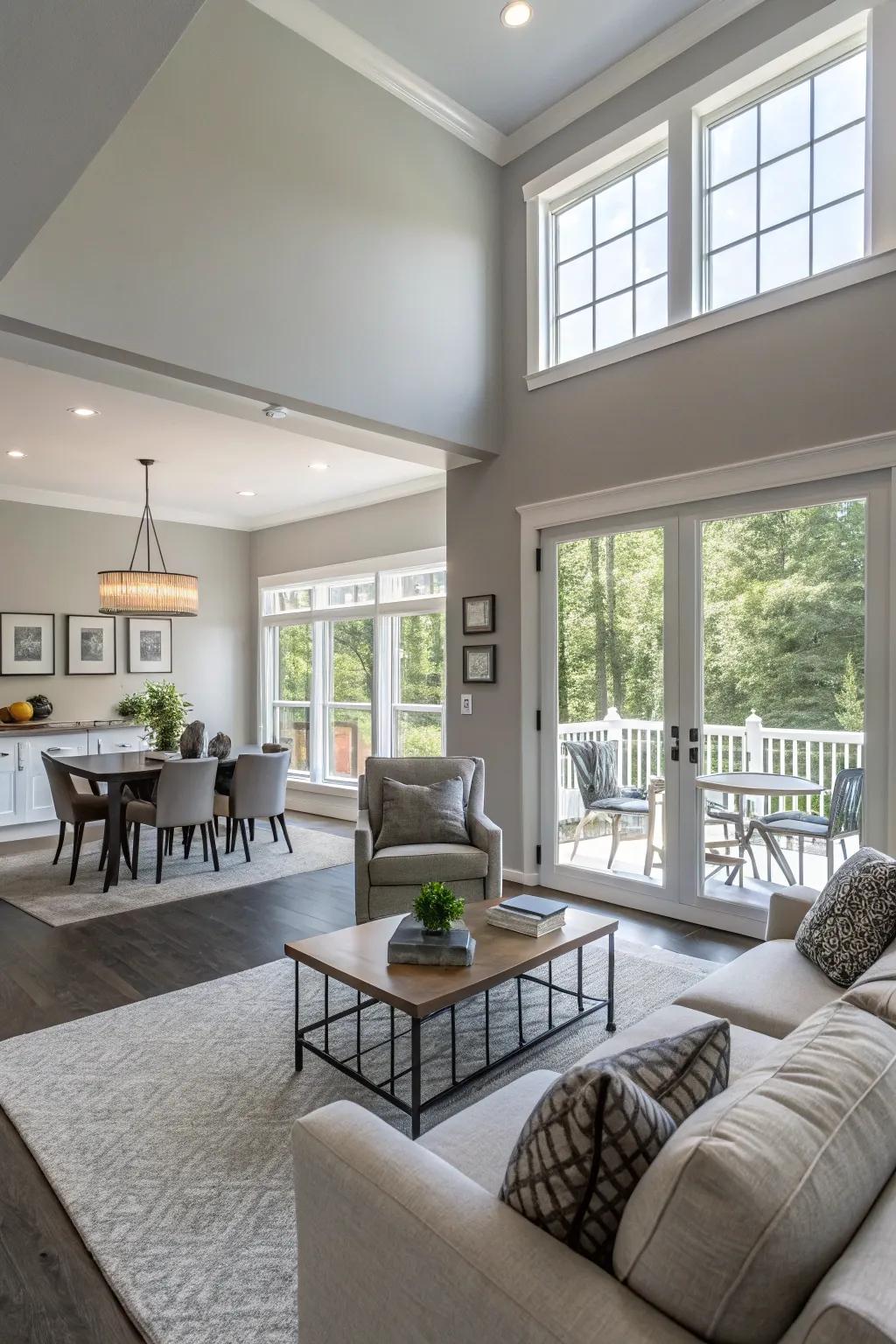 Neutral grey walls create a smooth transition between areas.