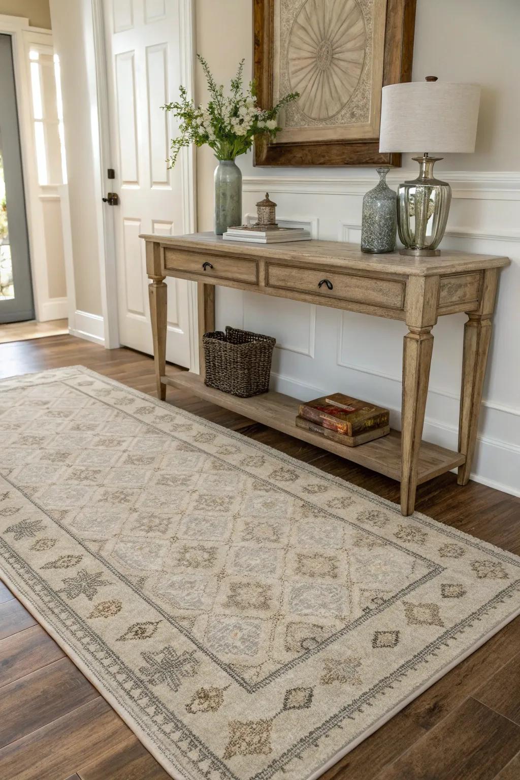 Your entryway can be anchored and made more inviting with a carefully chosen rug.