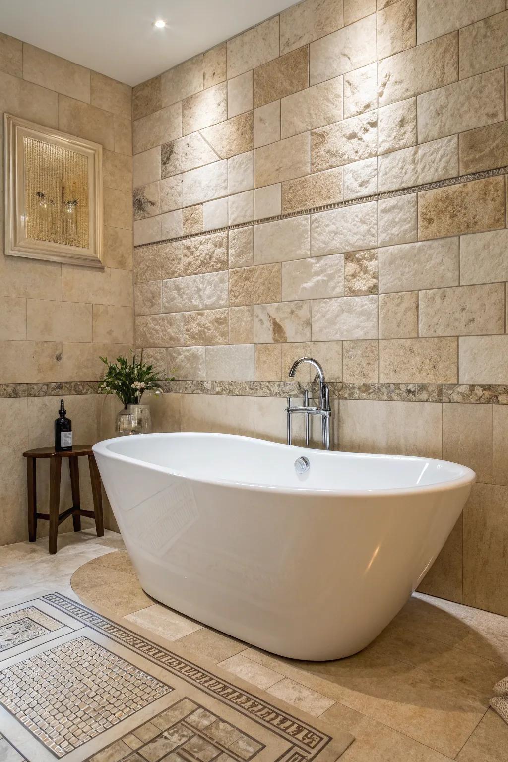 A standalone tub placed stylishly against a travertine tiled partition.