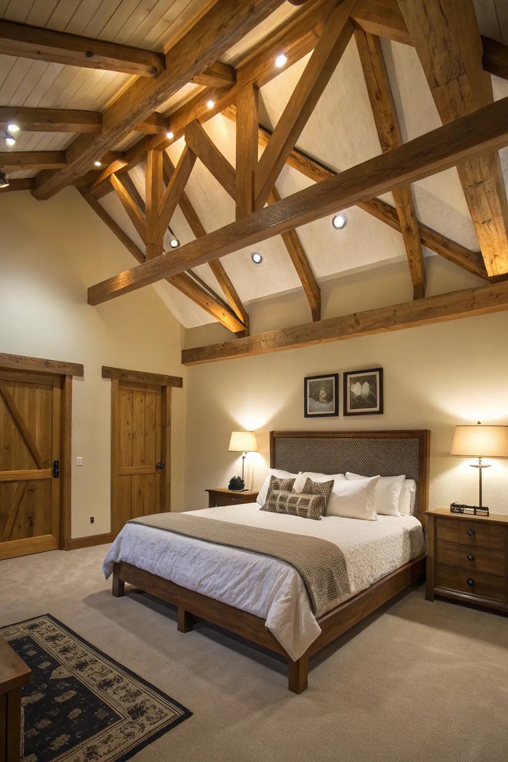 A bedroom showcasing wooden beams within a tray ceiling, adding a rustic flair.