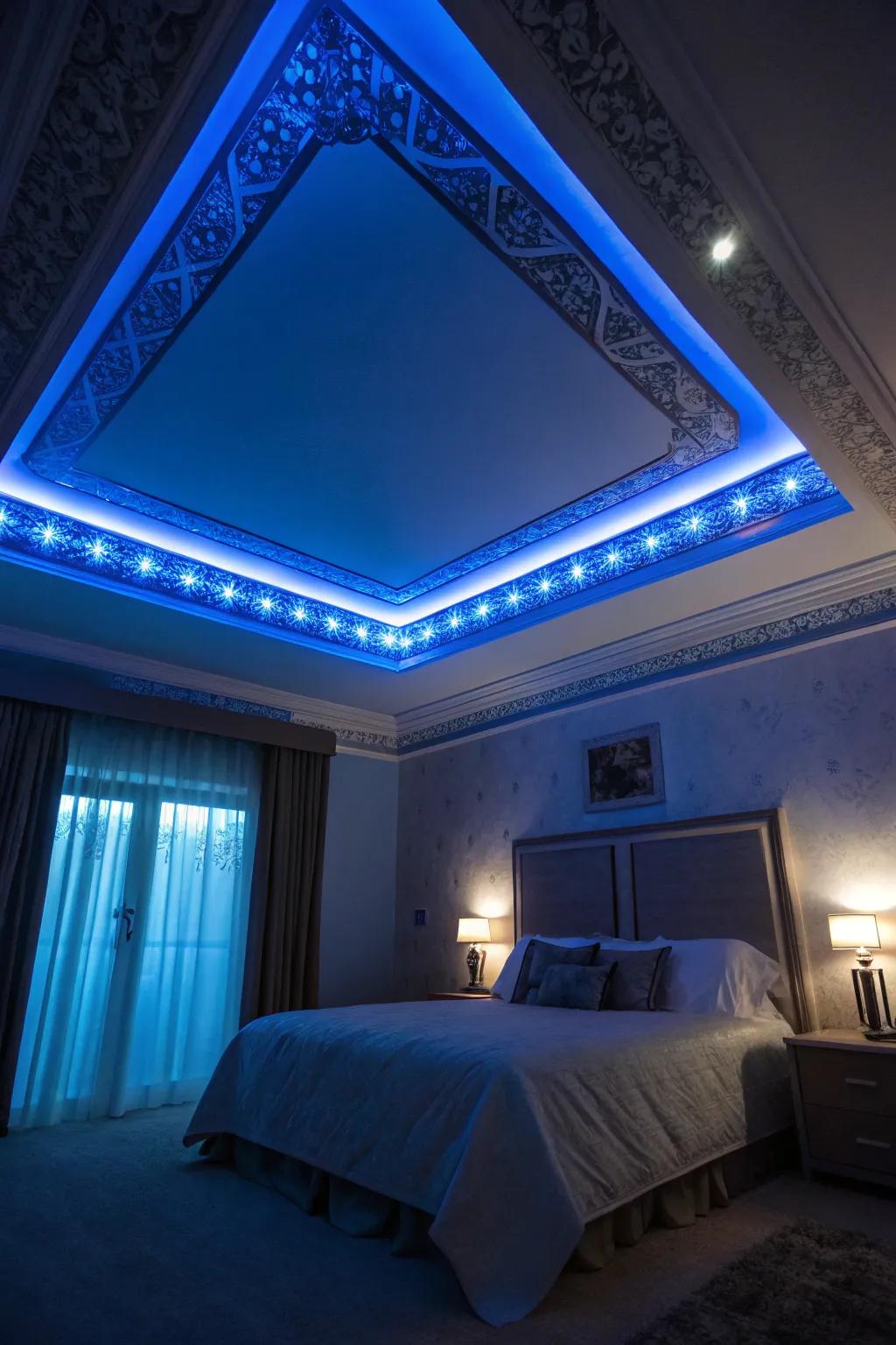 A bedroom showcases blue LED strip lighting, adding a modern touch.