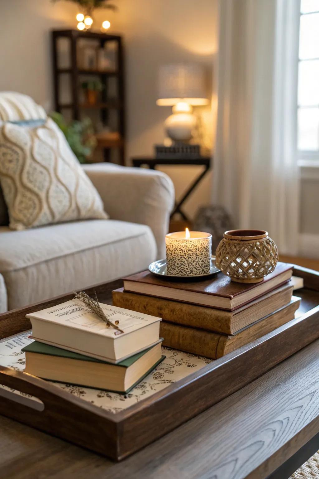 Books displayed on a tray bring character and richness to your living room.