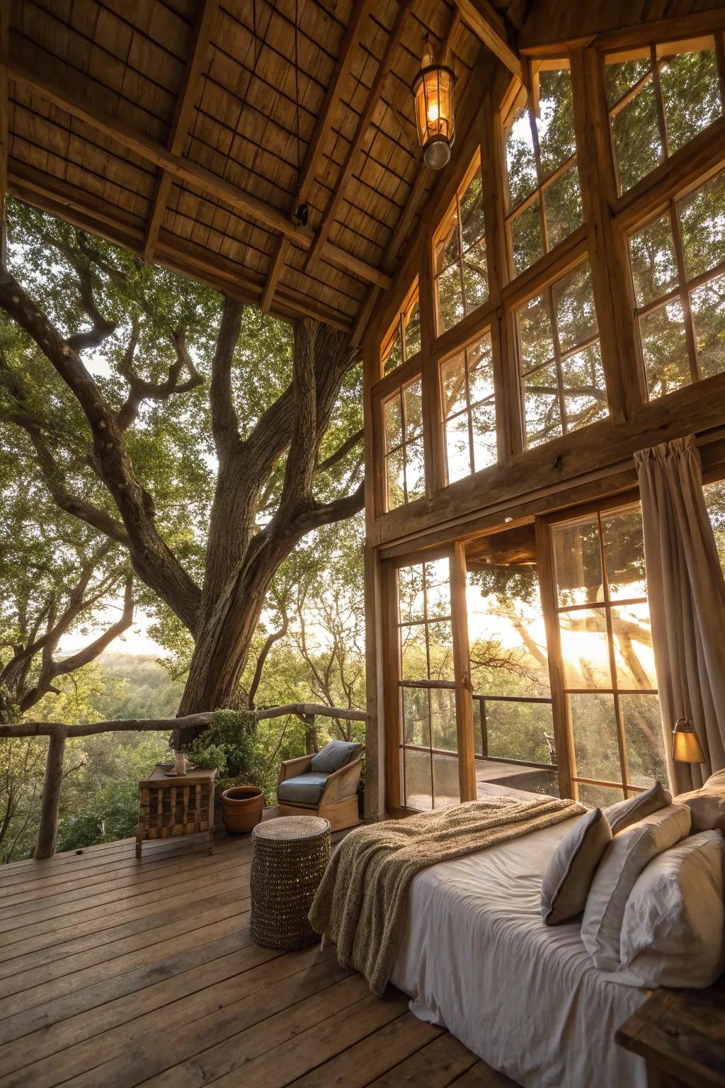 A treehouse filled with natural light, because of expansive windows that combine the indoors with the outdoors.