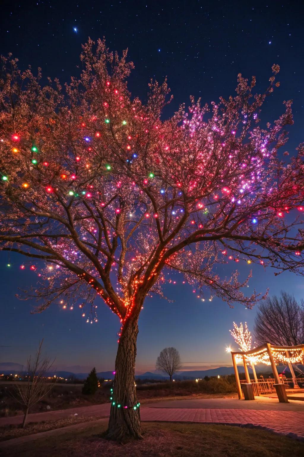 Vibrant lights breathe life into a tree with dynamic colors.