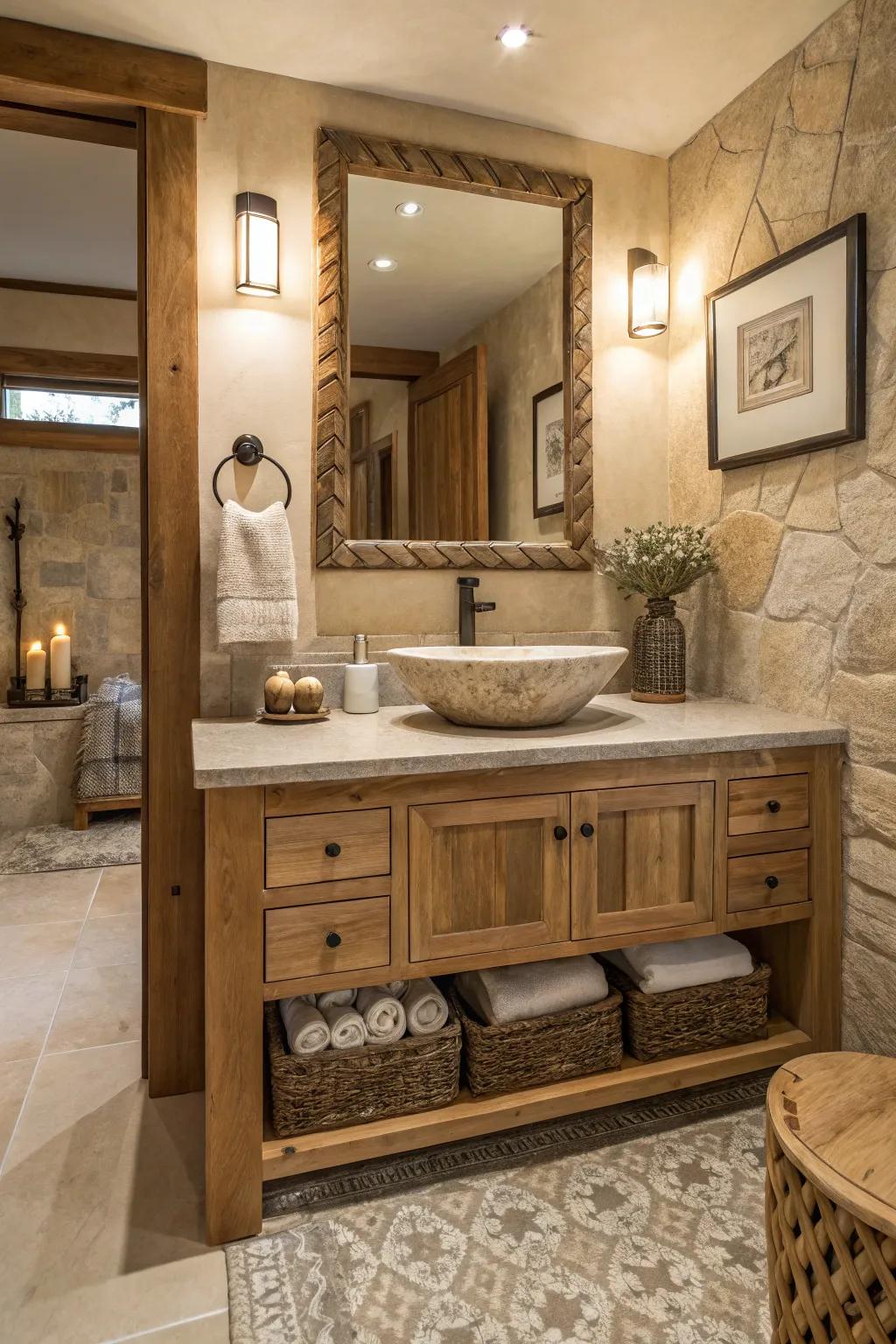 A bathroom displaying a vanity constructed from authentic materials for additional coziness and texture.