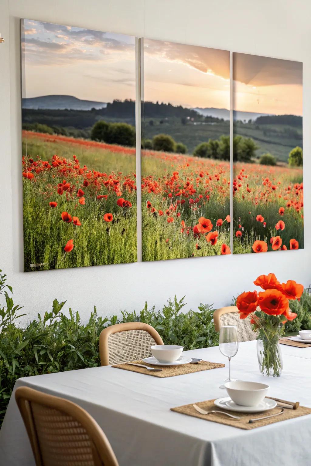 A vibrant poppy field captured in a striking triptych.