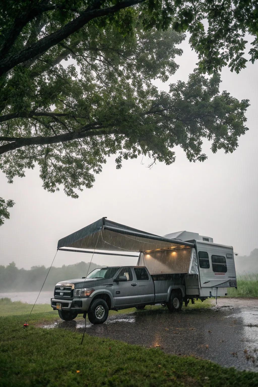 A weather-resistant awning offering shelter during a light rainfall.