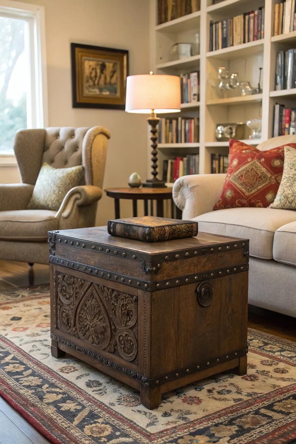 A rustic chest creates an attractive side table, ideal for a lamp and reading material.