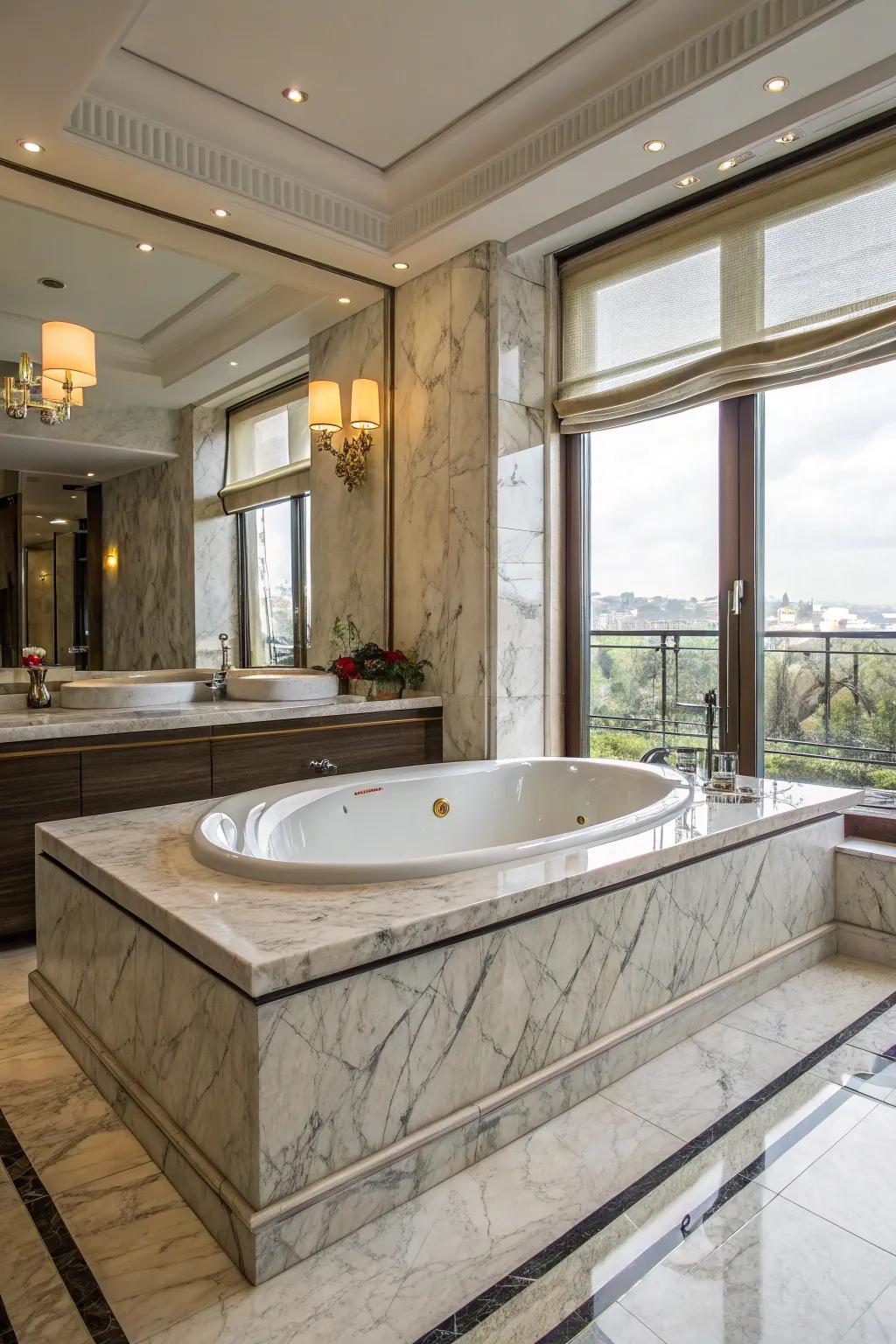 A bath surround featuring opulent stone textures that enhance the space.