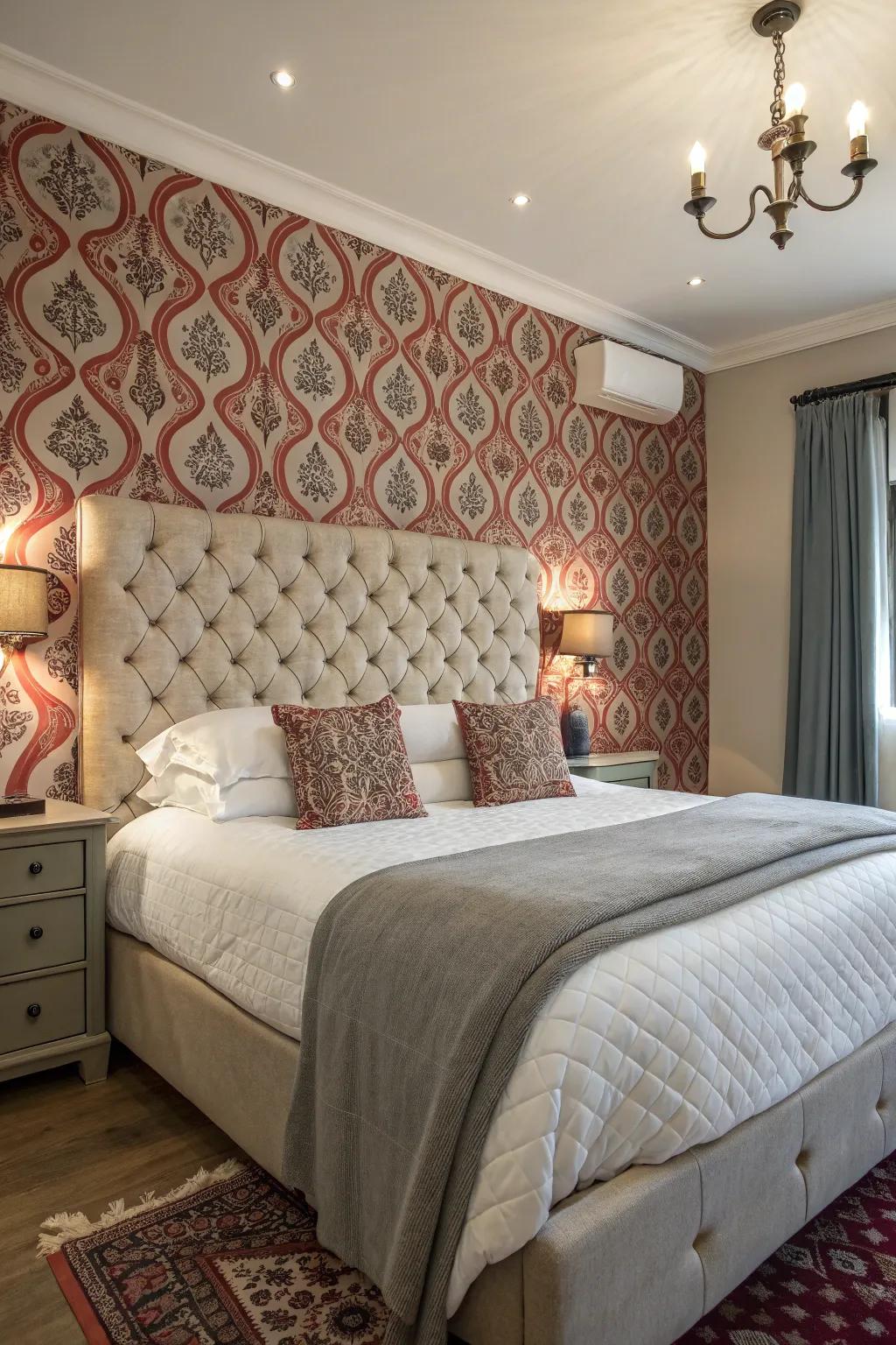 A striking bedroom with a tufted headboard against a bold wall.