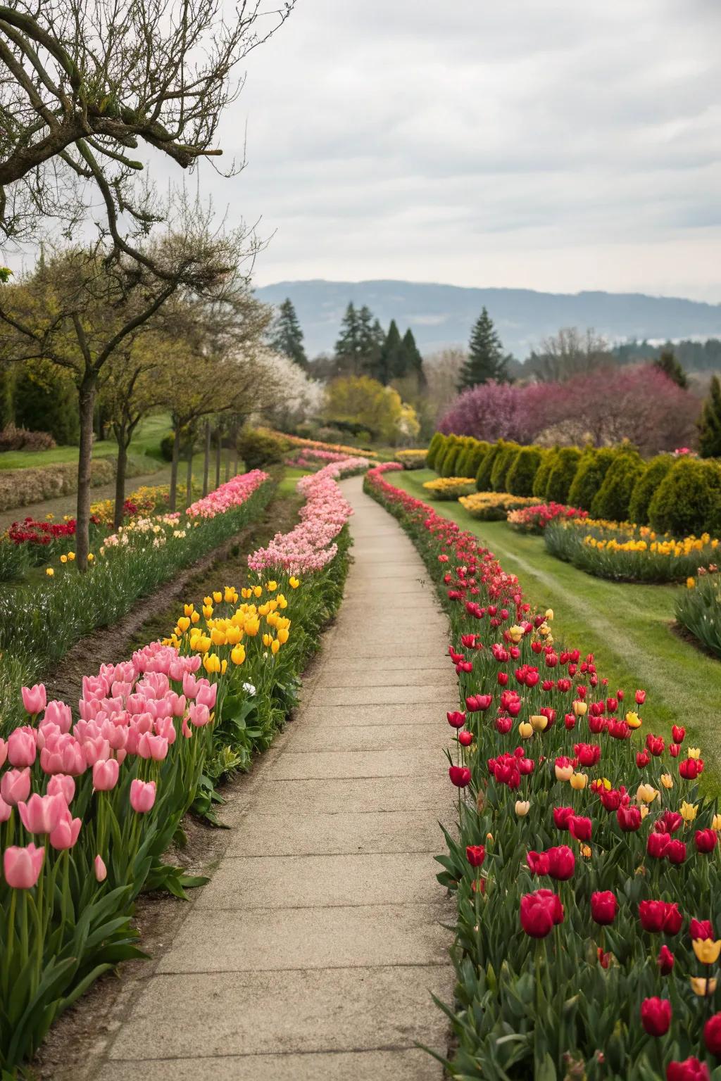 A whimsical pathway lined with blossoms, adding elegance and color to the garden journey.