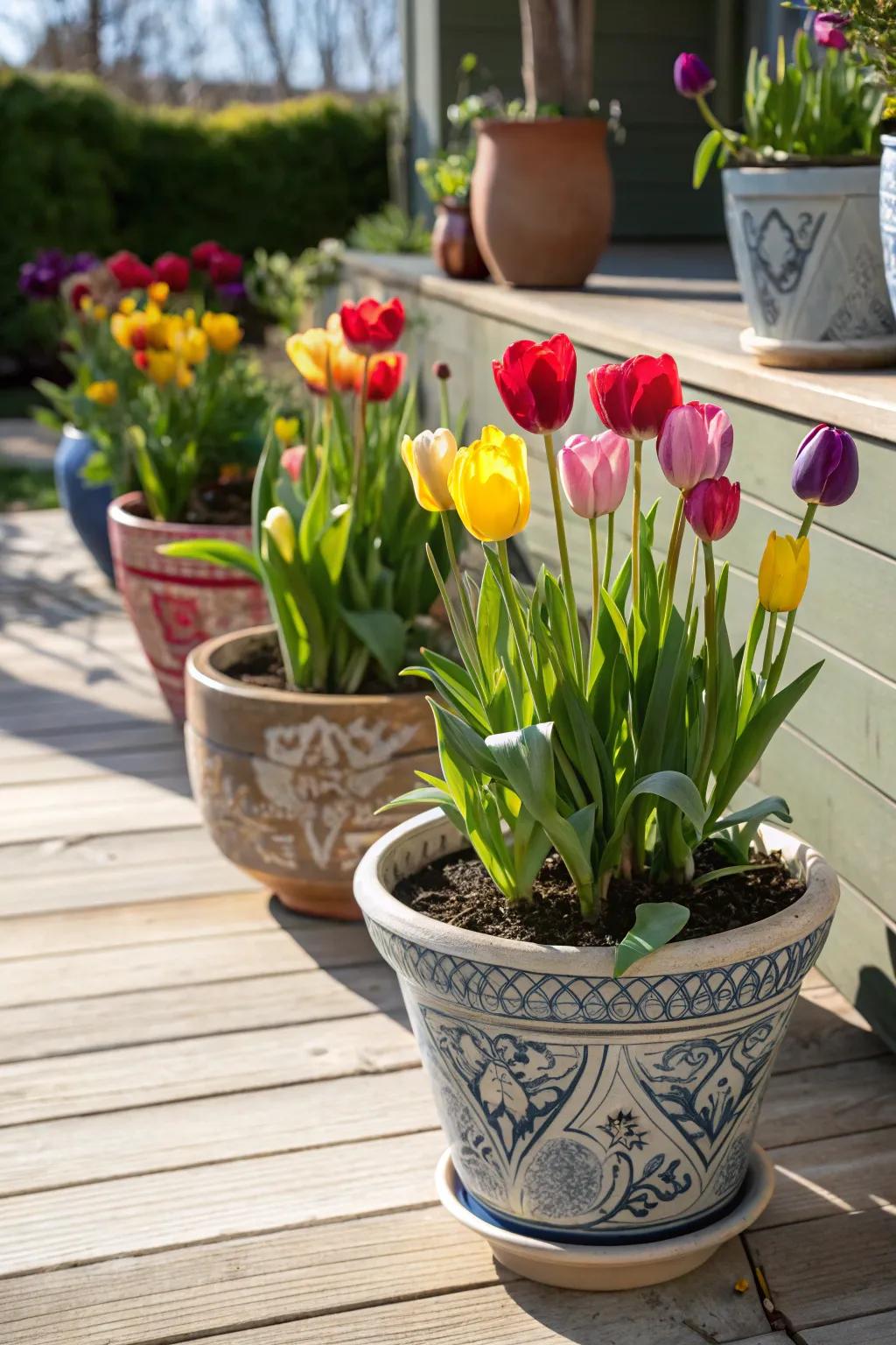 Colorful tulips flourishing in decorative pots on a sunlit patio.