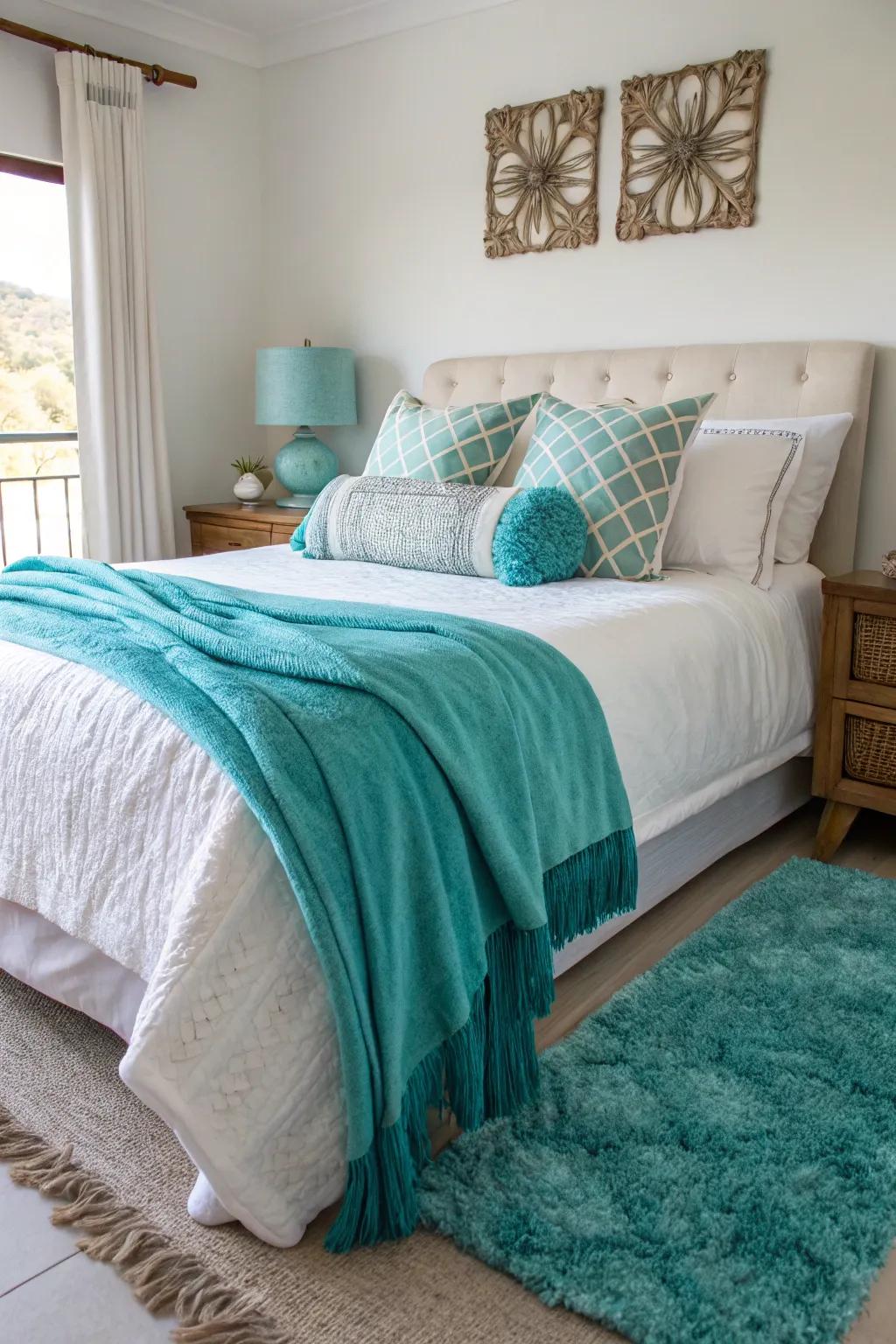 Turquoise fabrics contribute a dash of color and comfort to this welcoming bedroom.