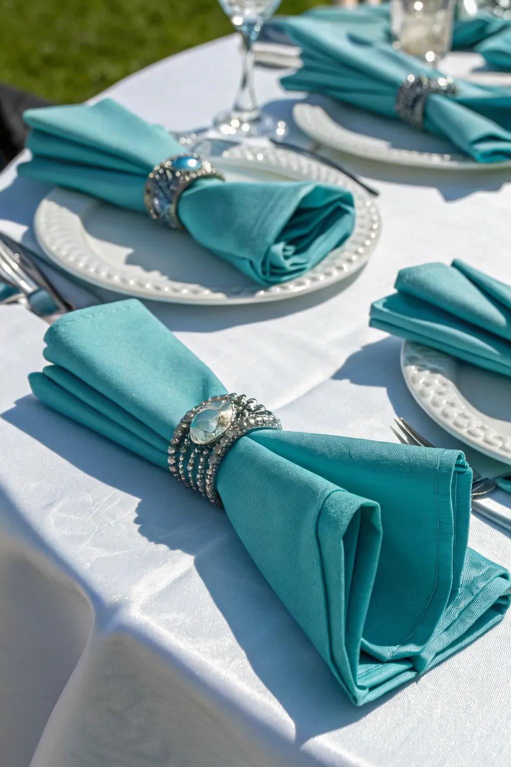 Azure napkins coupled with decorative rings boost charm and refinement.