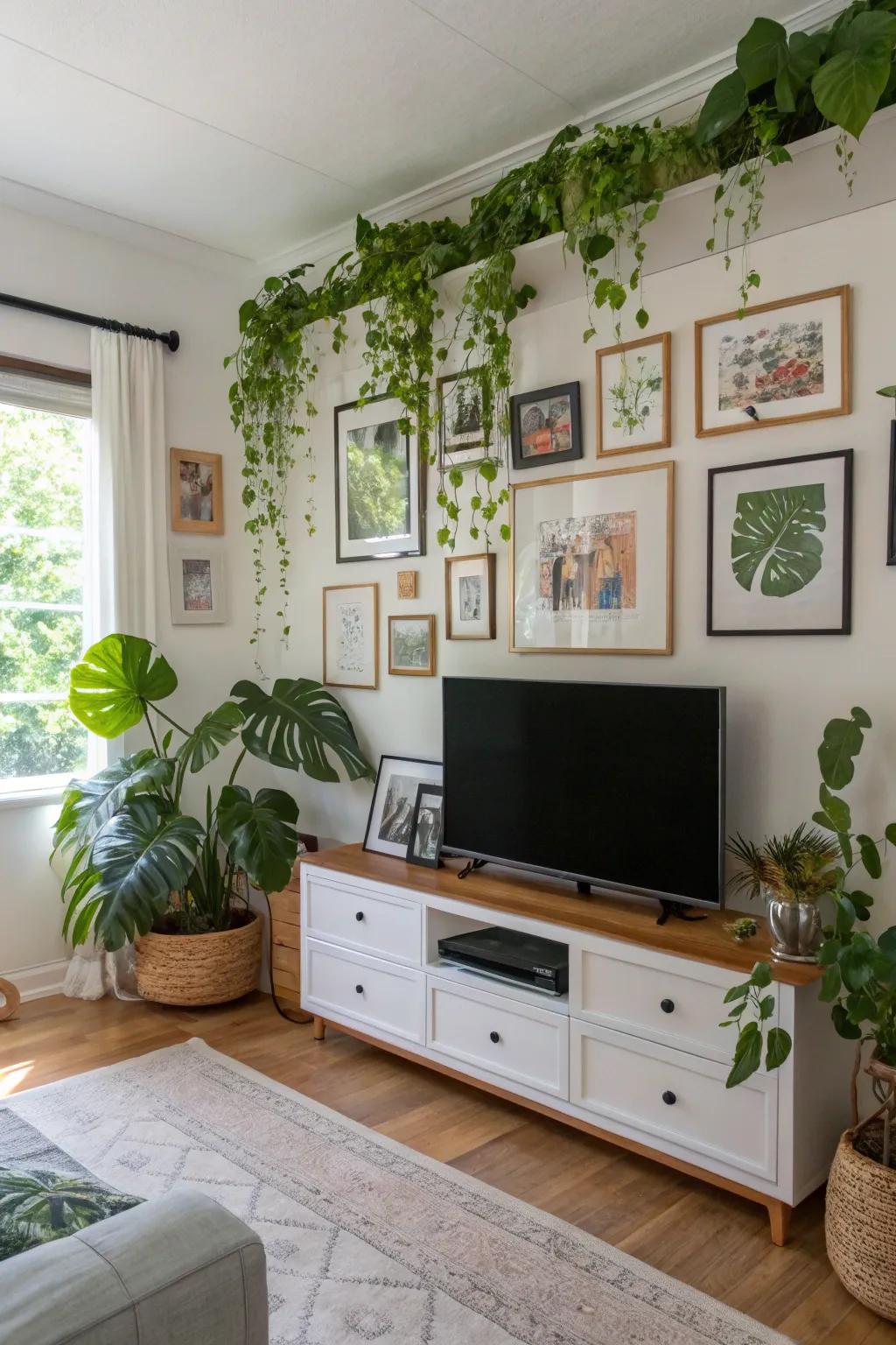Green plants bring a vibrant touch to this impressive TV gallery wall.