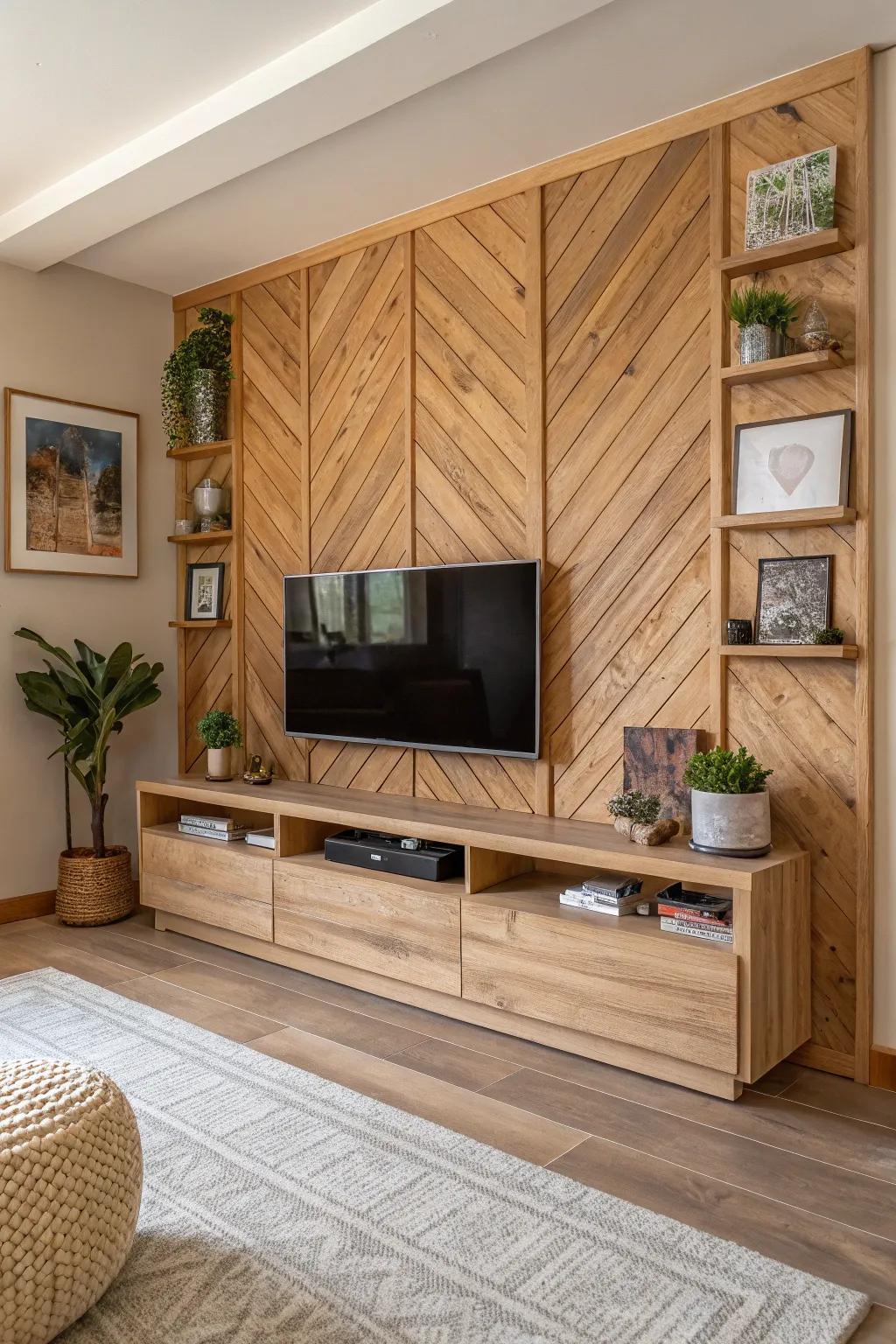 Wood features provide warmth to this TV wall design.