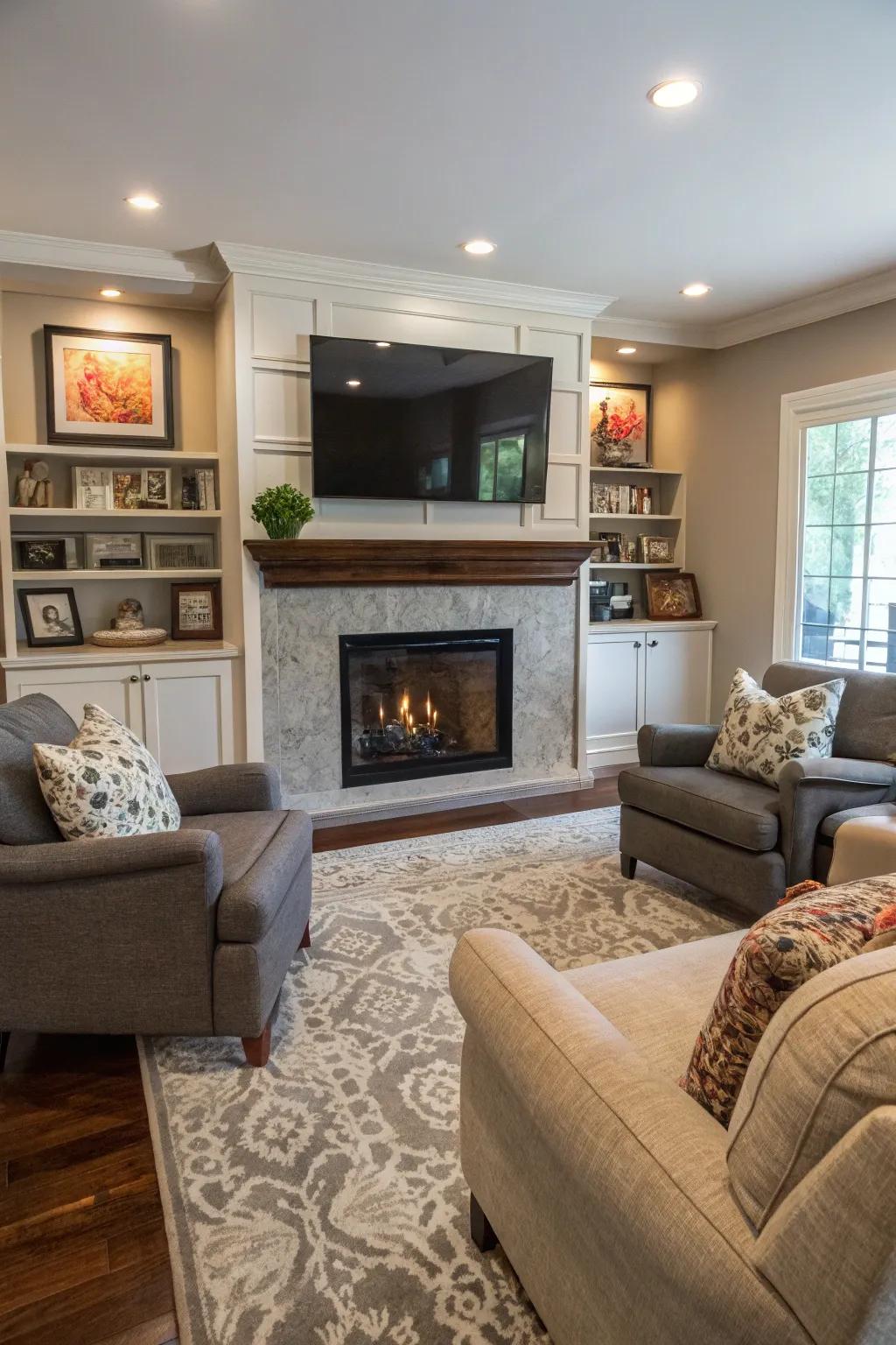 Combine warmth and entertainment by integrating with a fireplace.