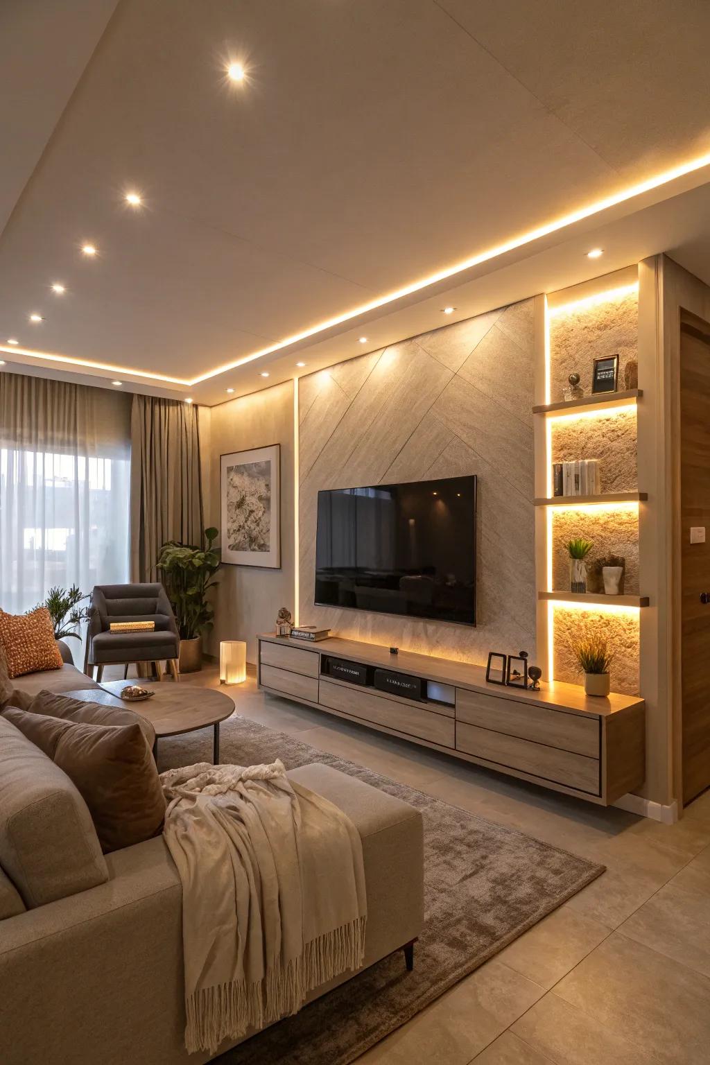 LED lighting casts a gentle light on this modern TV arrangement.